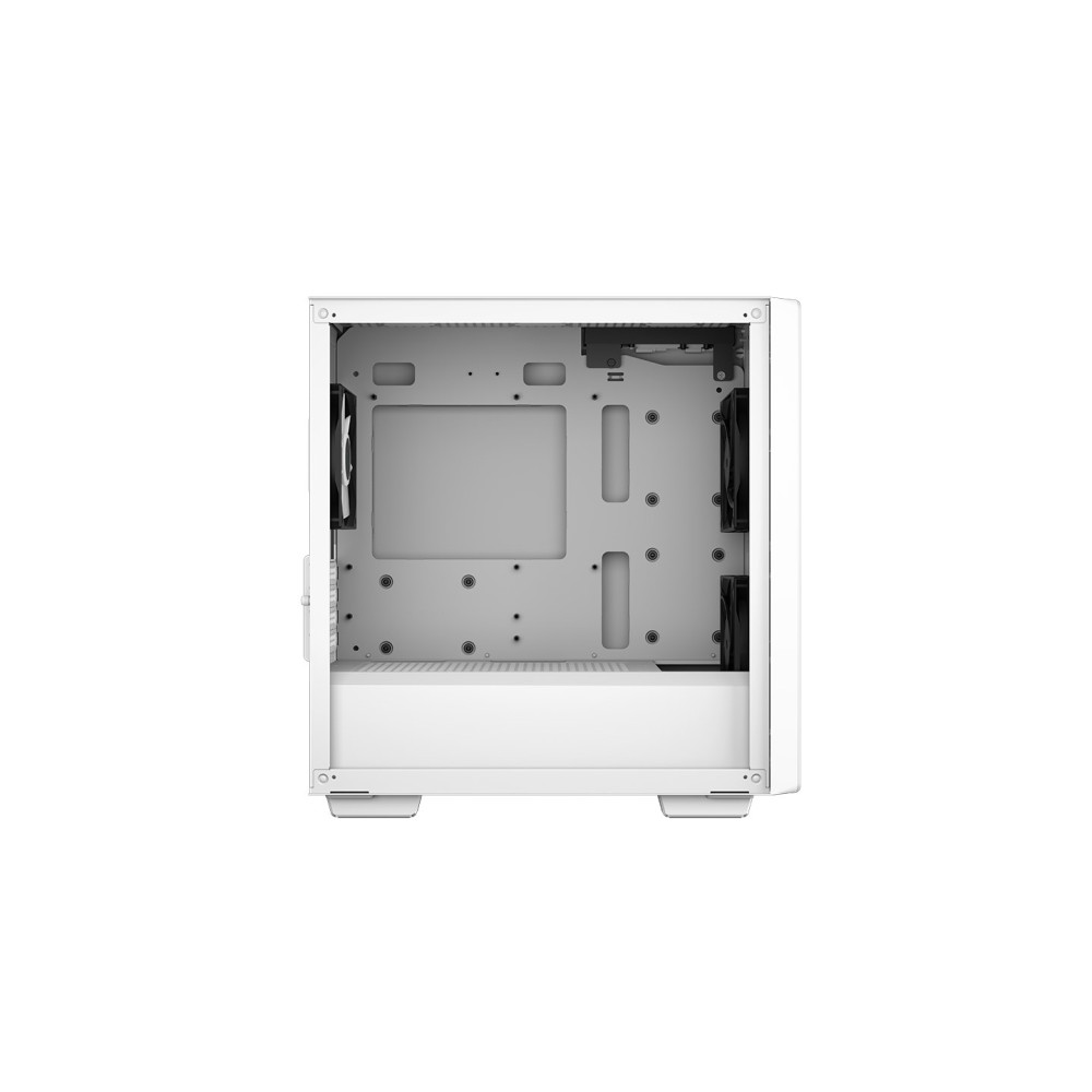 Pusta biała obudowa komputera. Wnętrze pokazuje punkty montażowe, miejsca na wentylatory i dolną komorę. Obudowa stoi na dwóch nóżkach.