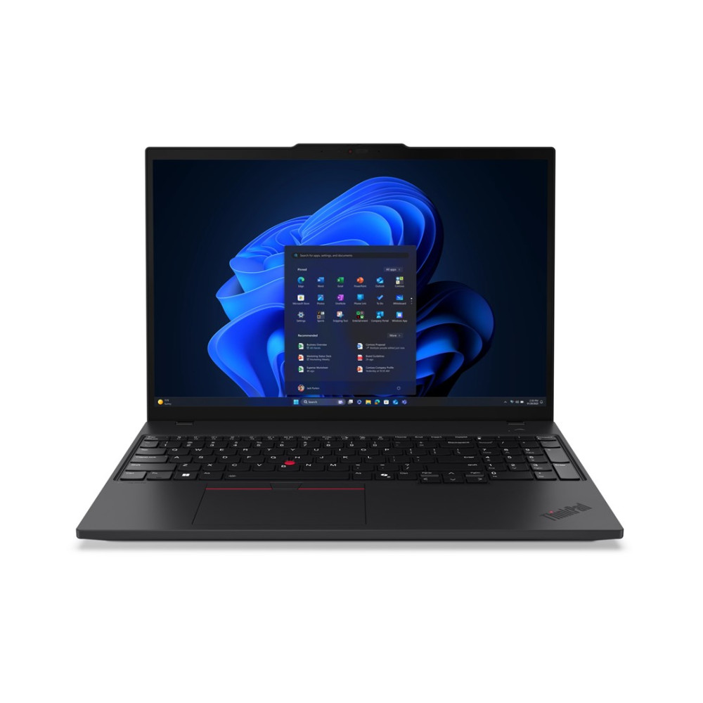 Czarny laptop ThinkPad, otwarty, z interfejsem Windows 11. Ekran wyświetla ikony aplikacji na niebieskim tle.