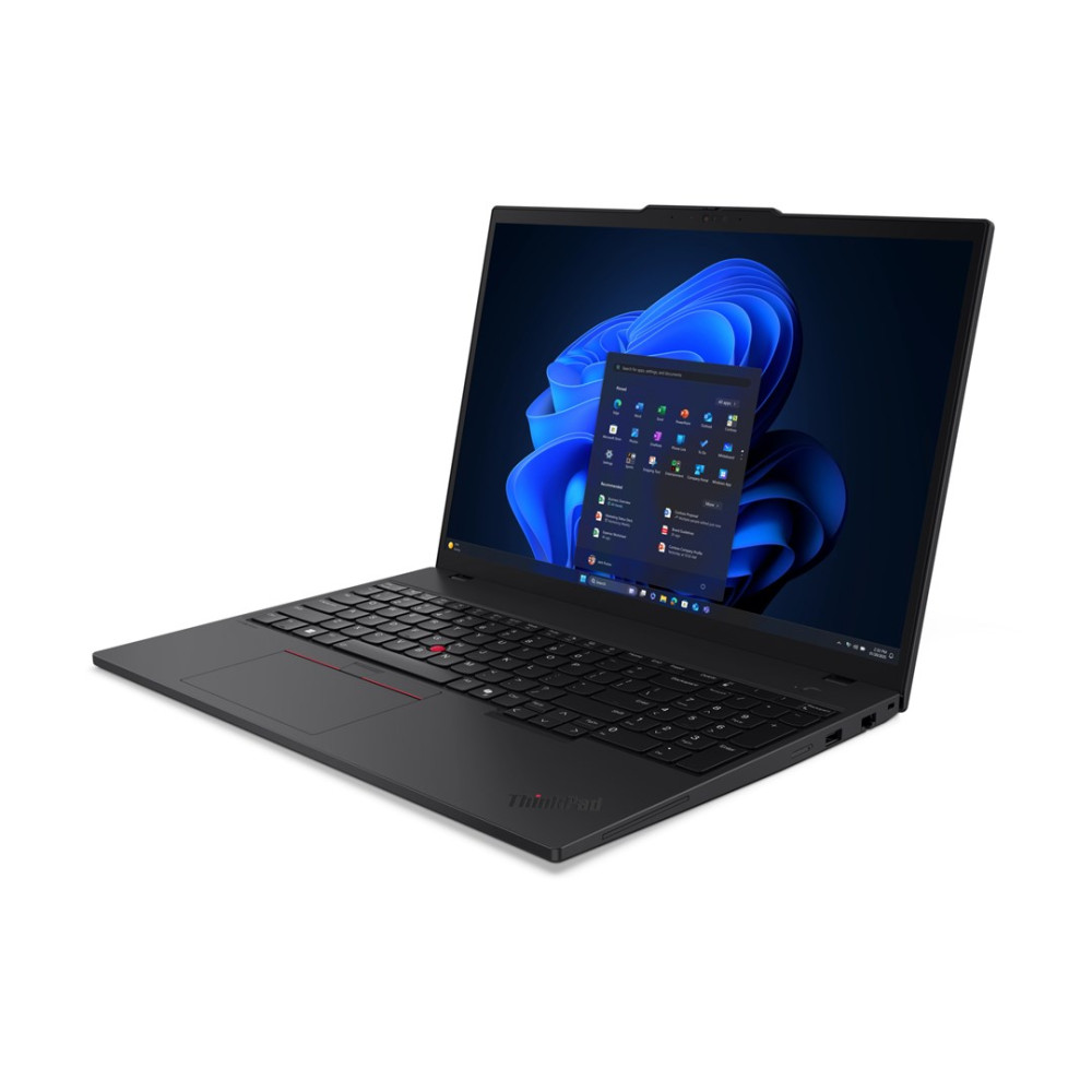 Czarny laptop ThinkPad jest otwarty, wyświetlając interfejs Windows 11. Ekran pokazuje niebieskie tło i ikony aplikacji.