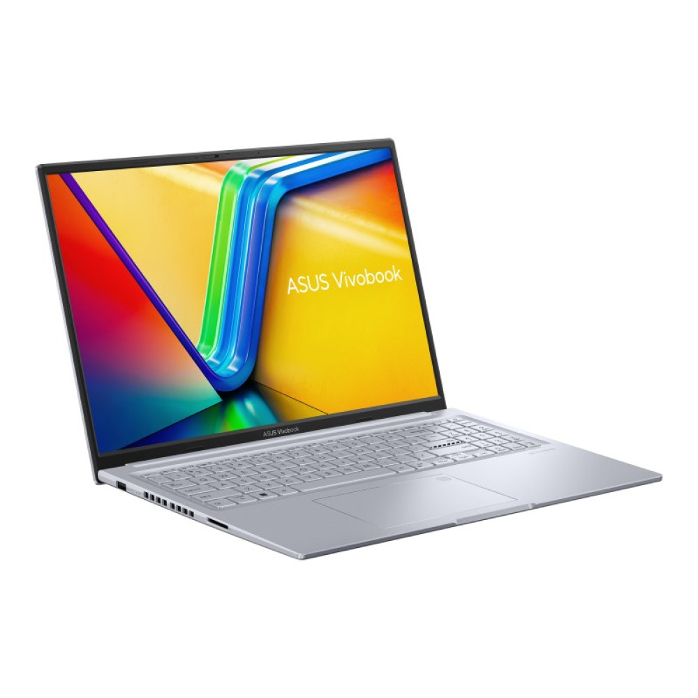 Srebrny laptop Asus Vivobook jest otwarty. Ekran wyświetla kolorowy abstrakcyjny obraz. Widoczna jest klawiatura i touchpad.