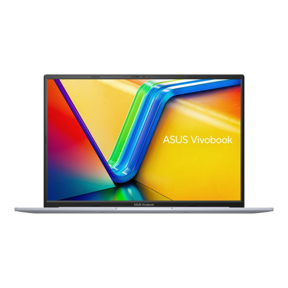 Laptop z żywym ekranem wyświetlającym kolorowy wzór fali. Widoczny jest tekst 'ASUS Vivobook'. Laptop jest srebrny.