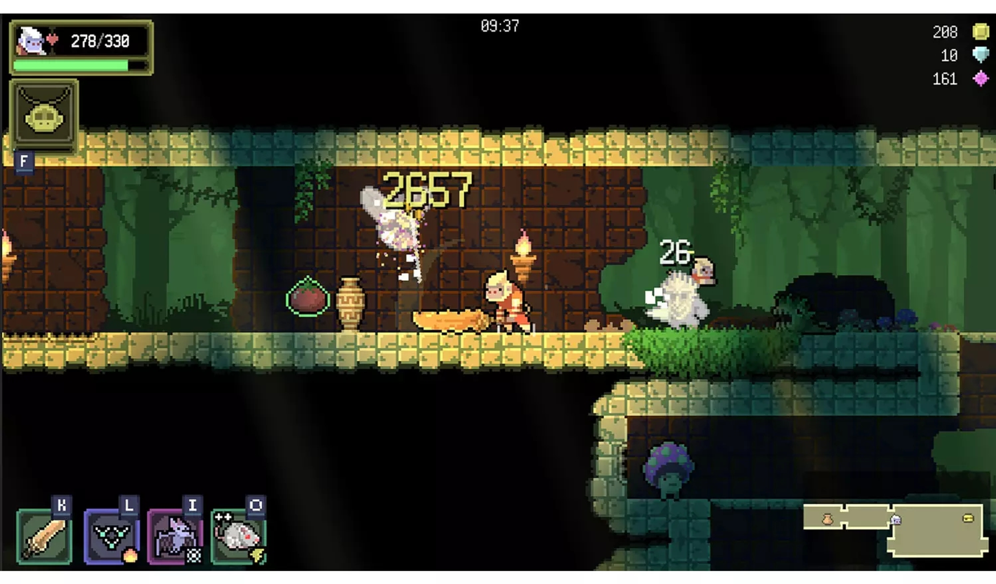 Una escena de juego pixelada. Un personaje lucha contra enemigos con números encima. El fondo muestra un entorno similar a un bosque.