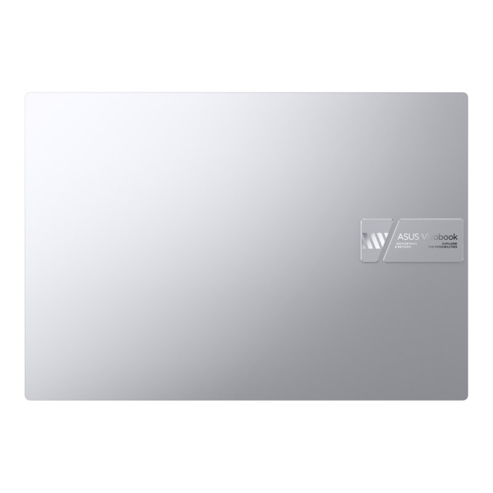 Tył srebrnego laptopa. Logo ASUS Vivobook jest widoczne w prawym dolnym rogu laptopa.