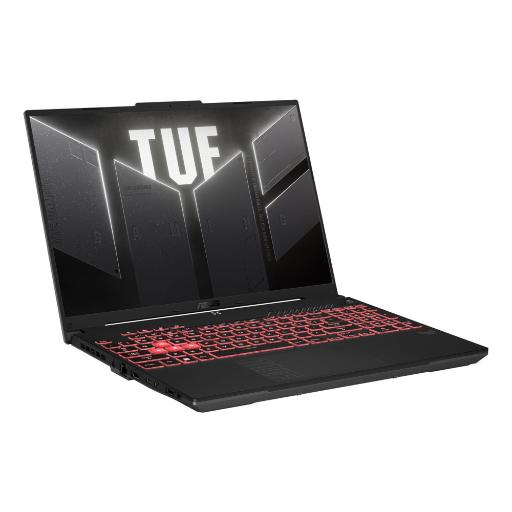 Czarny laptop do gier ASUS TUF. Czerwona podświetlana klawiatura. Ekran wyświetla logo TUF. Laptop otwarty, skierowany do widza.