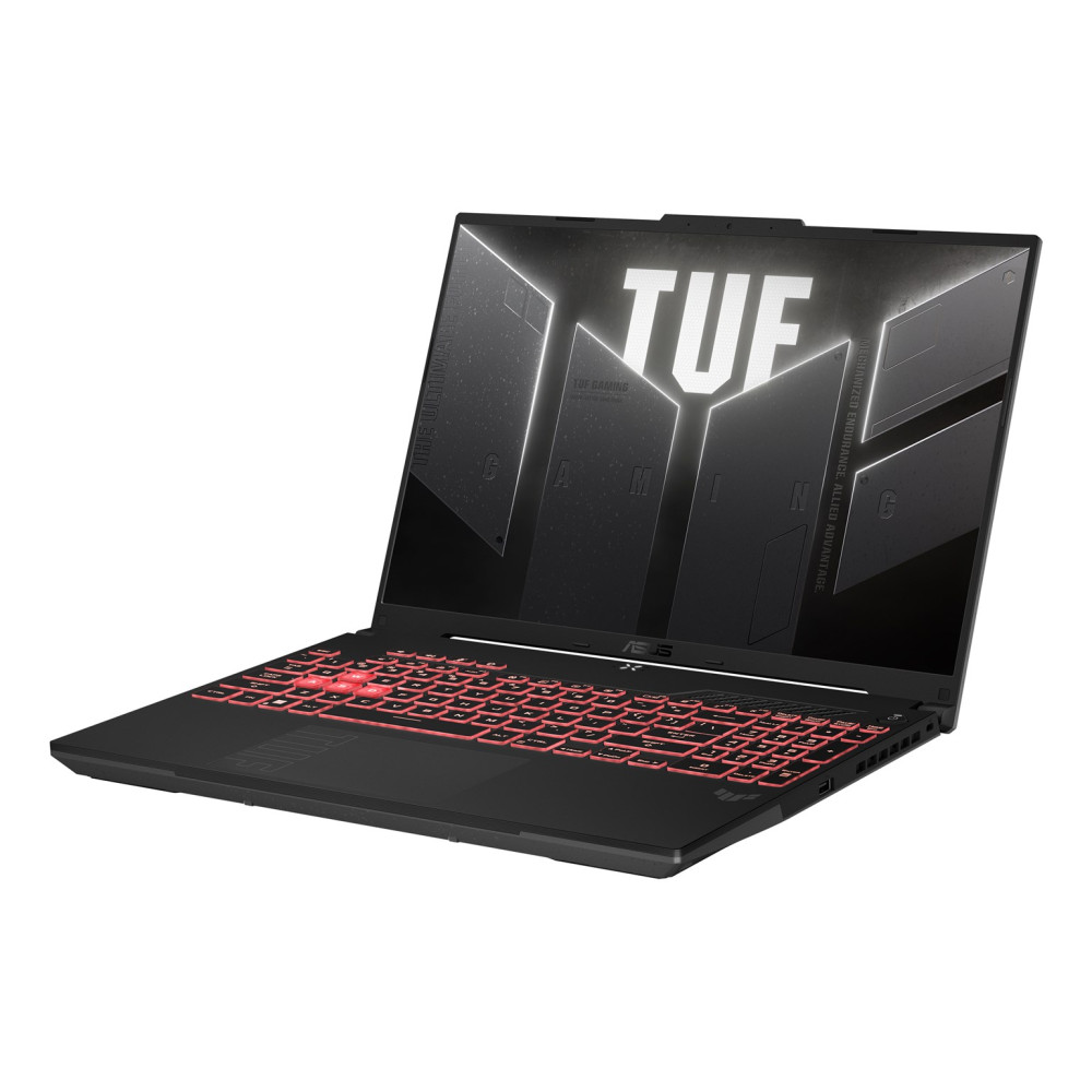 Czarny laptop gamingowy ASUS TUF. Czerwona podświetlana klawiatura. Ekran wyświetla logo TUF. Otwarty pod kątem. Białe tło.