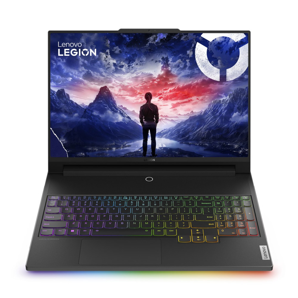 Laptop Lenovo Legion. Ekran pokazuje osobę stojącą przed górami. Klawiatura ma kolorowe podświetlenie.