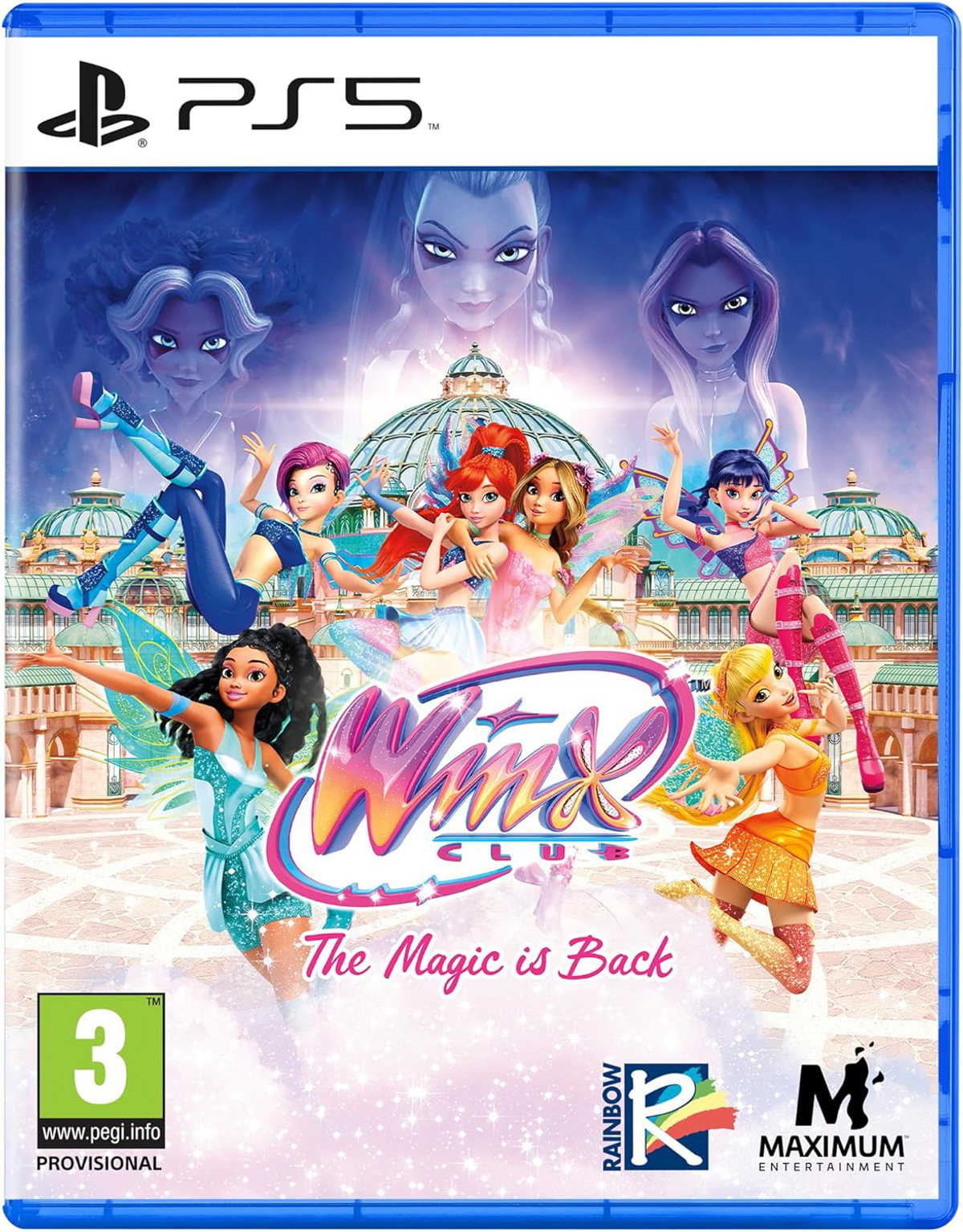 Portada del juego PS5 de Winx Club. Con hadas de dibujos animados, el título y una calificación. Carcasa azul con personajes de fantasía.