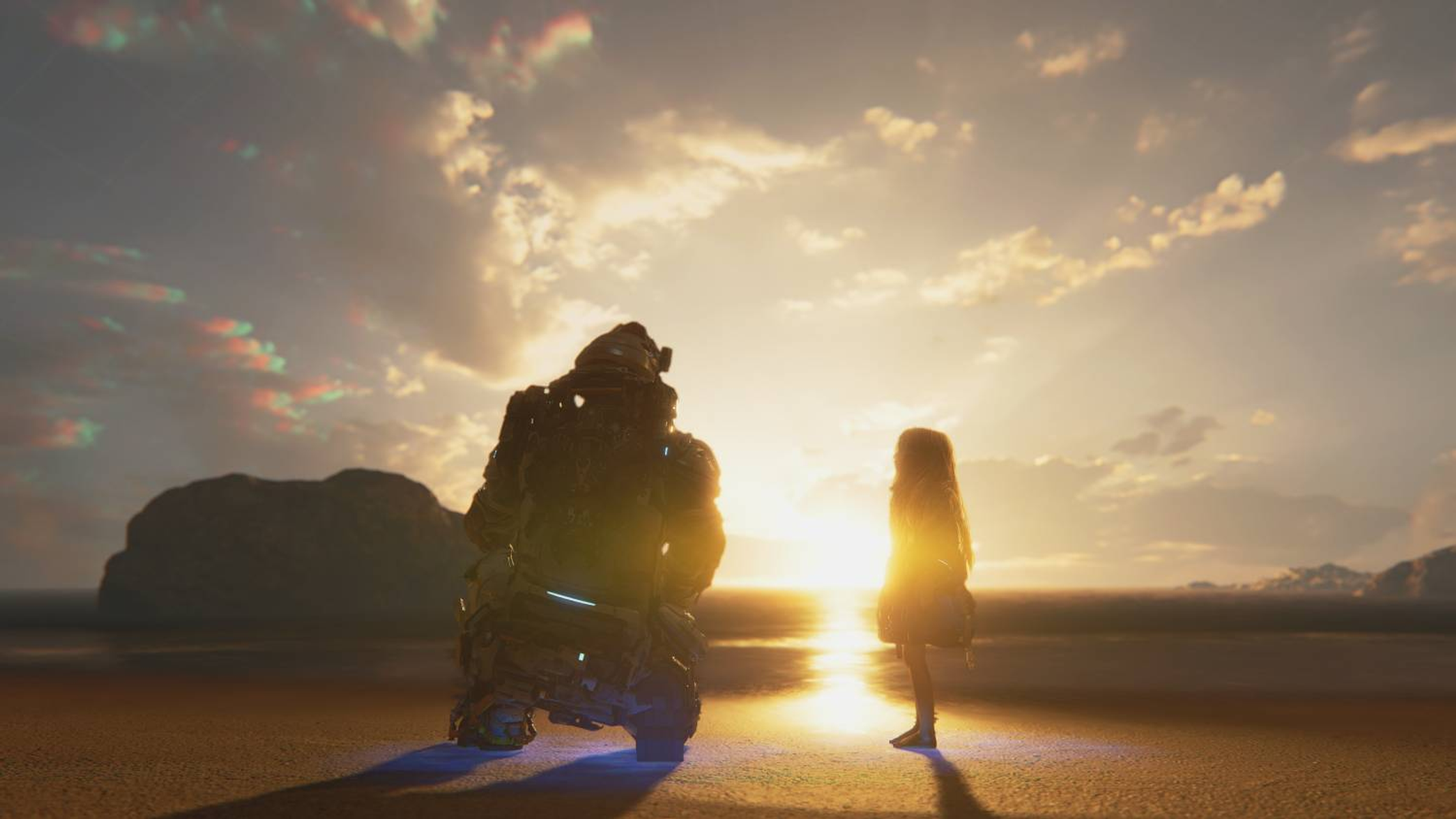 Una figura in armatura si inginocchia di fronte a una bambina su una spiaggia al tramonto. Il cielo è pieno di nuvole e luce dorata.