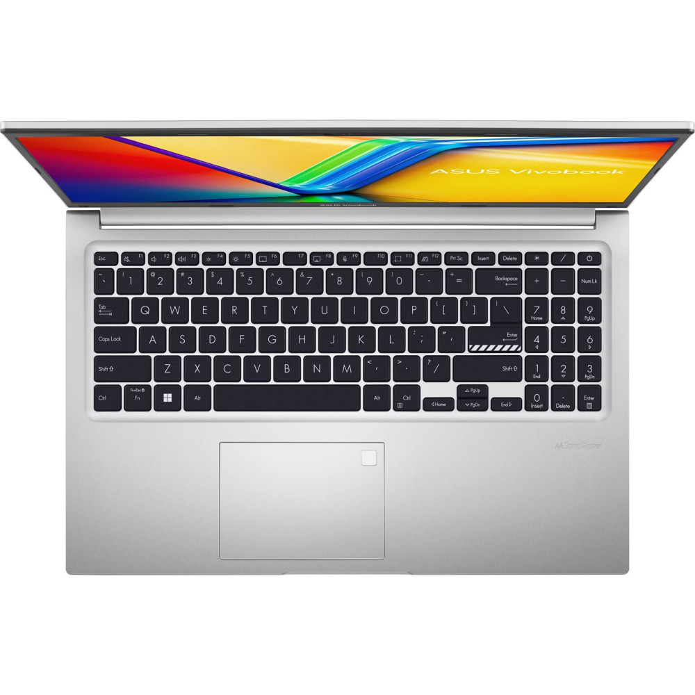Srebrny laptop Asus Vivobook, otwarty, z klawiaturą i ekranem. Ekran wyświetla kolorową grafikę, klawiatura jest czarna.