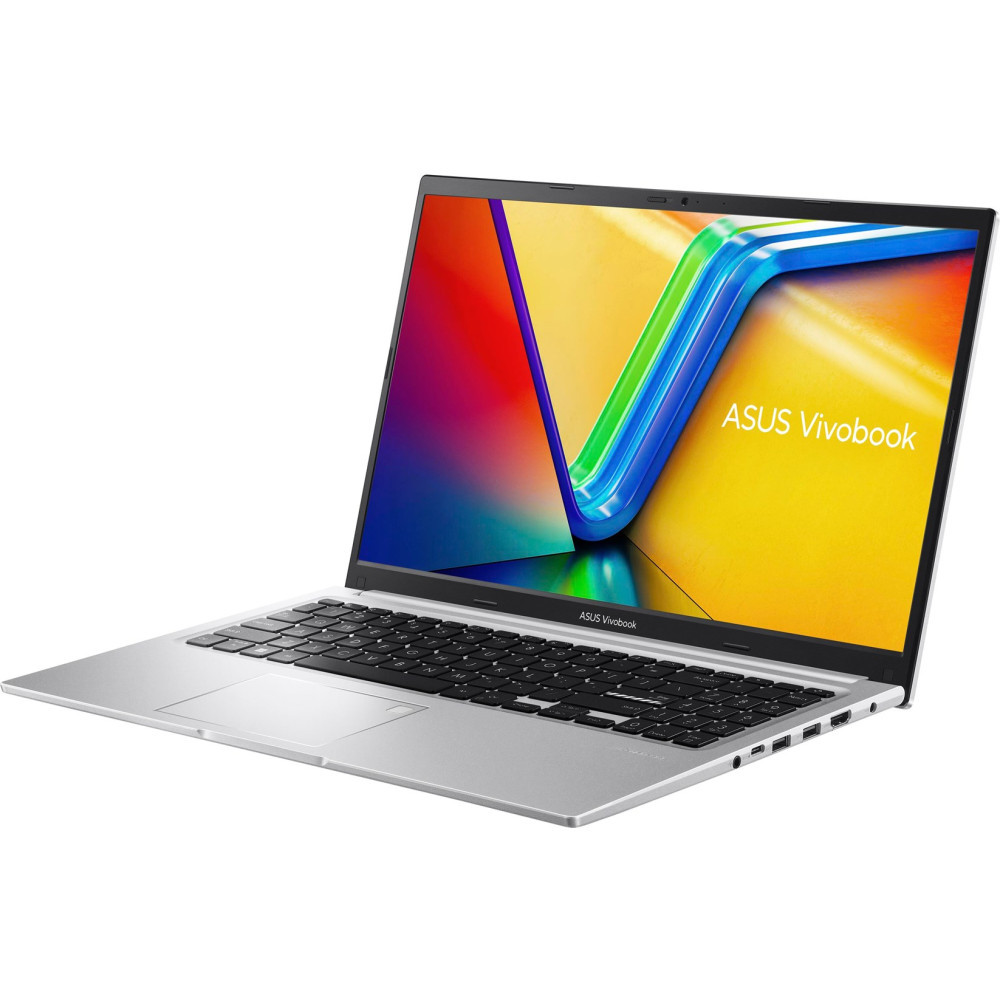 Srebrny laptop ASUS Vivobook. Ekran wyświetla kolorowy, abstrakcyjny design. Czarna klawiatura, touchpad. Białe tło.