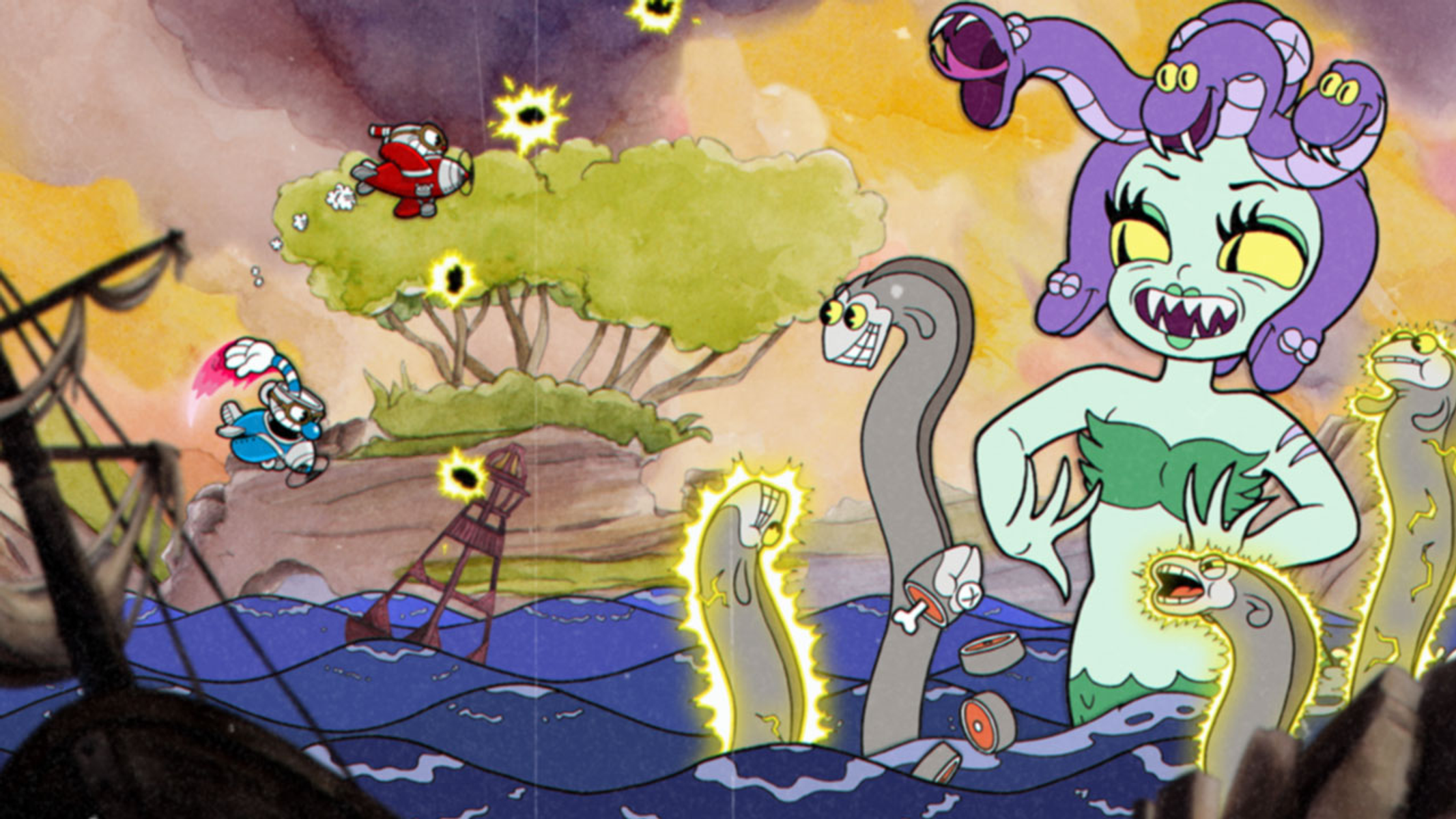 Una escena de dibujos animados con un personaje parecido a Medusa, personajes de avión y criaturas con forma de serpiente en el agua.