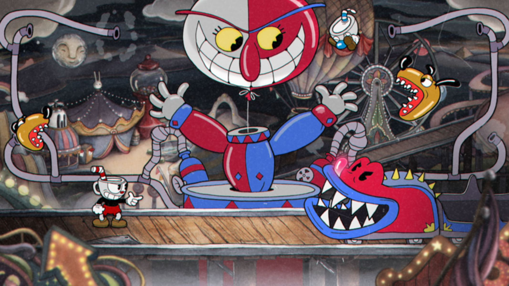 Una escena de carnaval con un payaso, Cuphead y otras figuras animadas. El fondo incluye una noria y una luna sonriente.