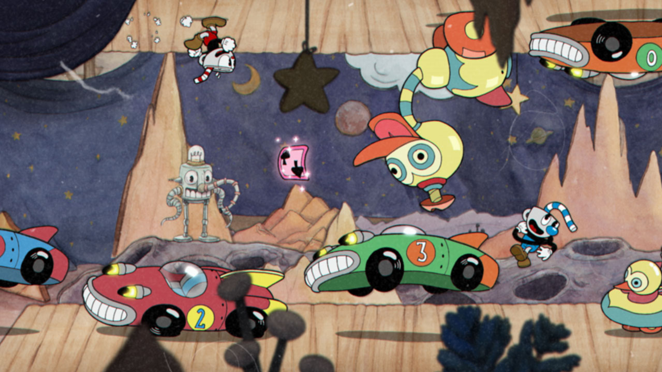 Escena de dibujos animados con personajes voladores, coches y un robot. El fondo muestra un cielo estrellado. Los personajes incluyen una taza y un pato.