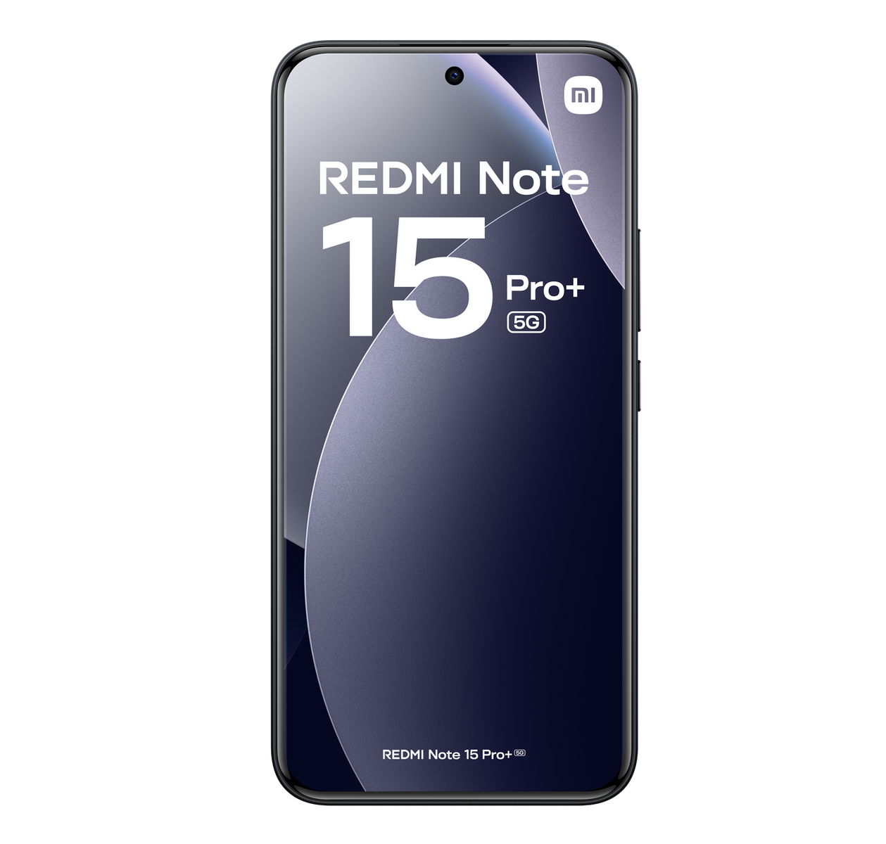 Smartfon Redmi Note 15 Pro+ 5G na czarnym tle. Ekran wyświetla nazwę i numer modelu telefonu.