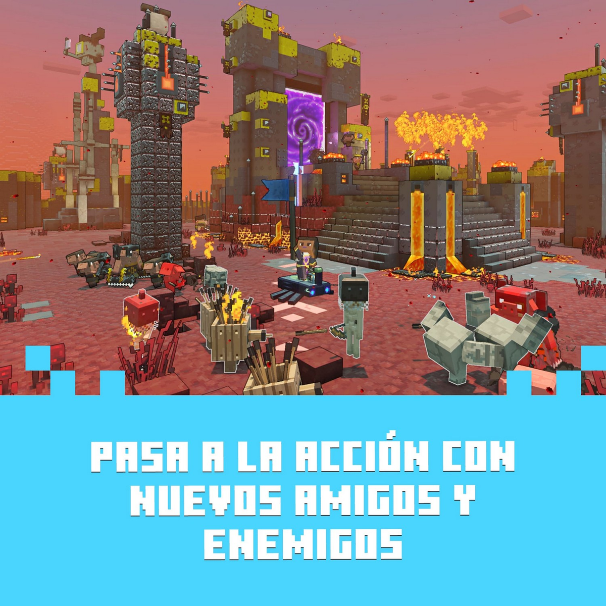 Eine Minecraft-Szene mit verschiedenen blockartigen Kreaturen und Strukturen. Ein Portal leuchtet, und der Text lautet 'Pasa a la acción con nuevos amigos y enemigos'.