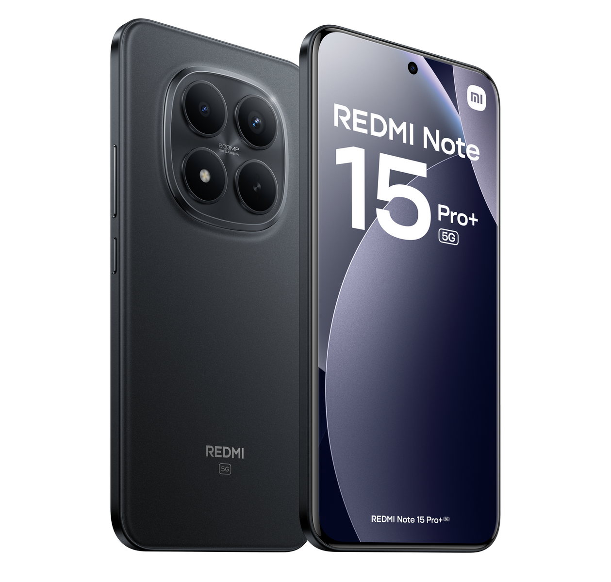 Dwa czarne telefony Redmi Note 15 Pro+. Jeden pokazuje ekran z tekstem. Drugi pokazuje tył z aparatami i logo Redmi.