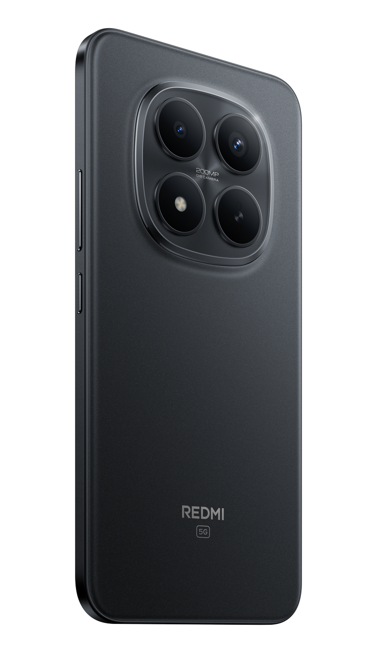 Ciemnoszary telefon z czterema tylnymi aparatami. Widoczne logo Redmi i 5G. Telefon jest pod kątem.