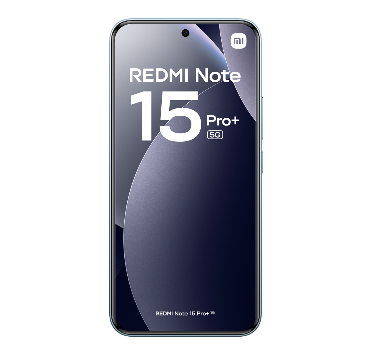 Uno smartphone Redmi Note 15 Pro+ 5G su sfondo nero. Lo schermo mostra nome e numero modello in bianco.