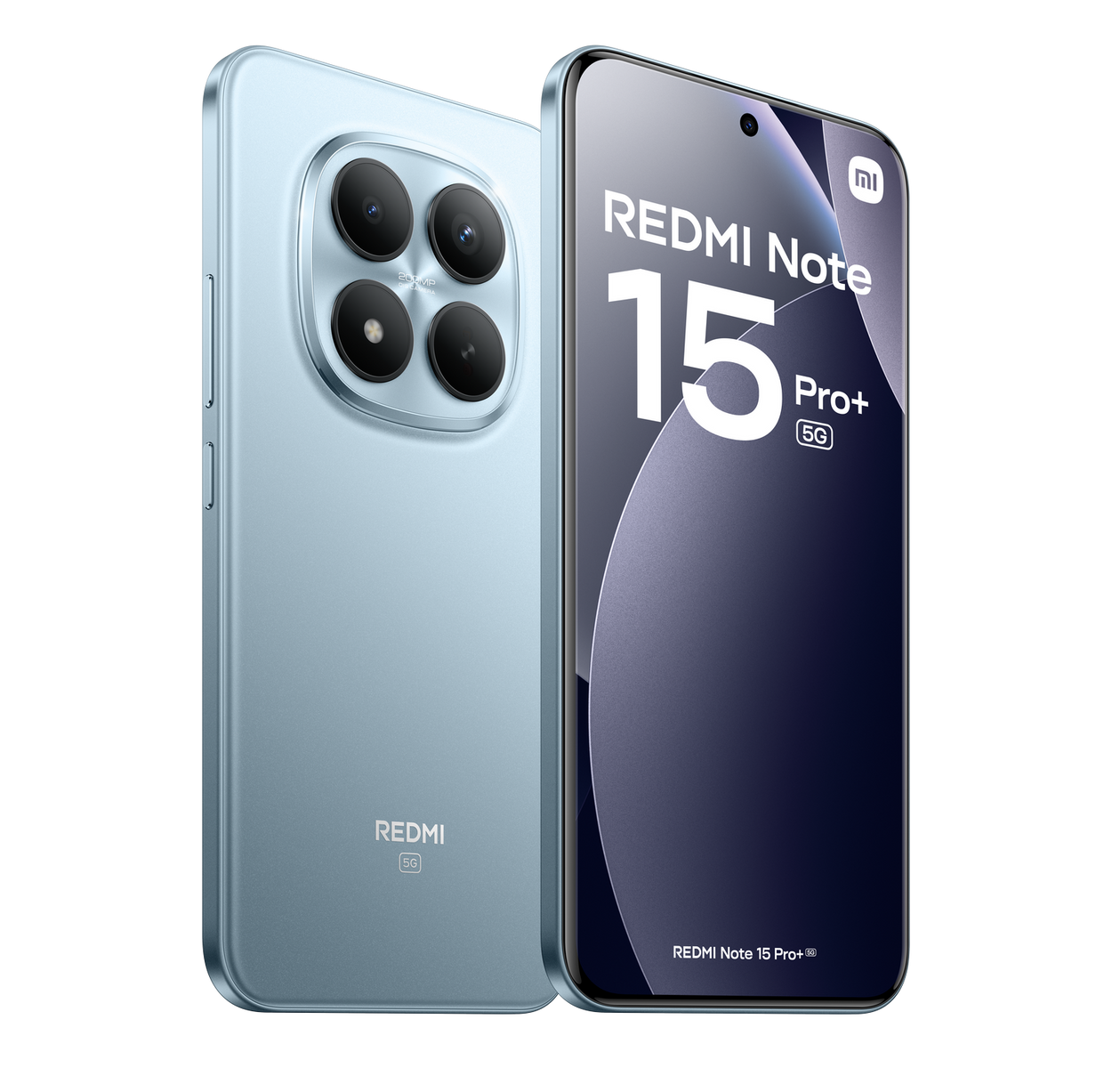 Viene mostrato uno smartphone Redmi Note 15 Pro+ 5G. Ha un retro azzurro con fotocamere e uno schermo che mostra il nome del telefono.