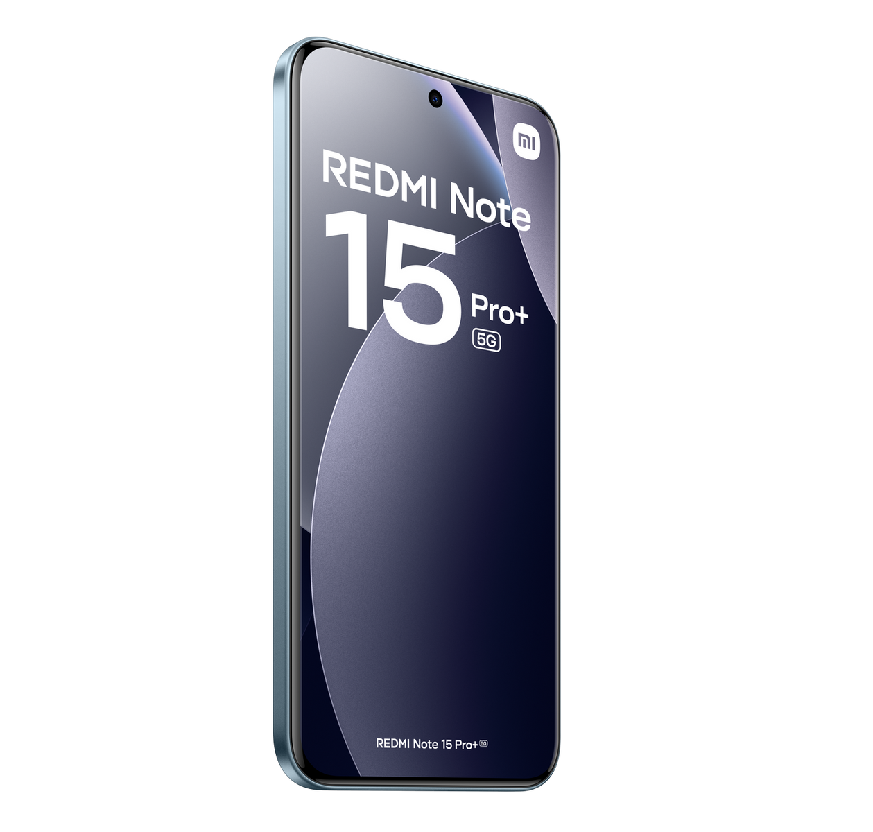 Viene mostrato uno smartphone Redmi Note 15 Pro+ 5G. Il telefono è blu con uno schermo scuro che mostra il nome e il modello.