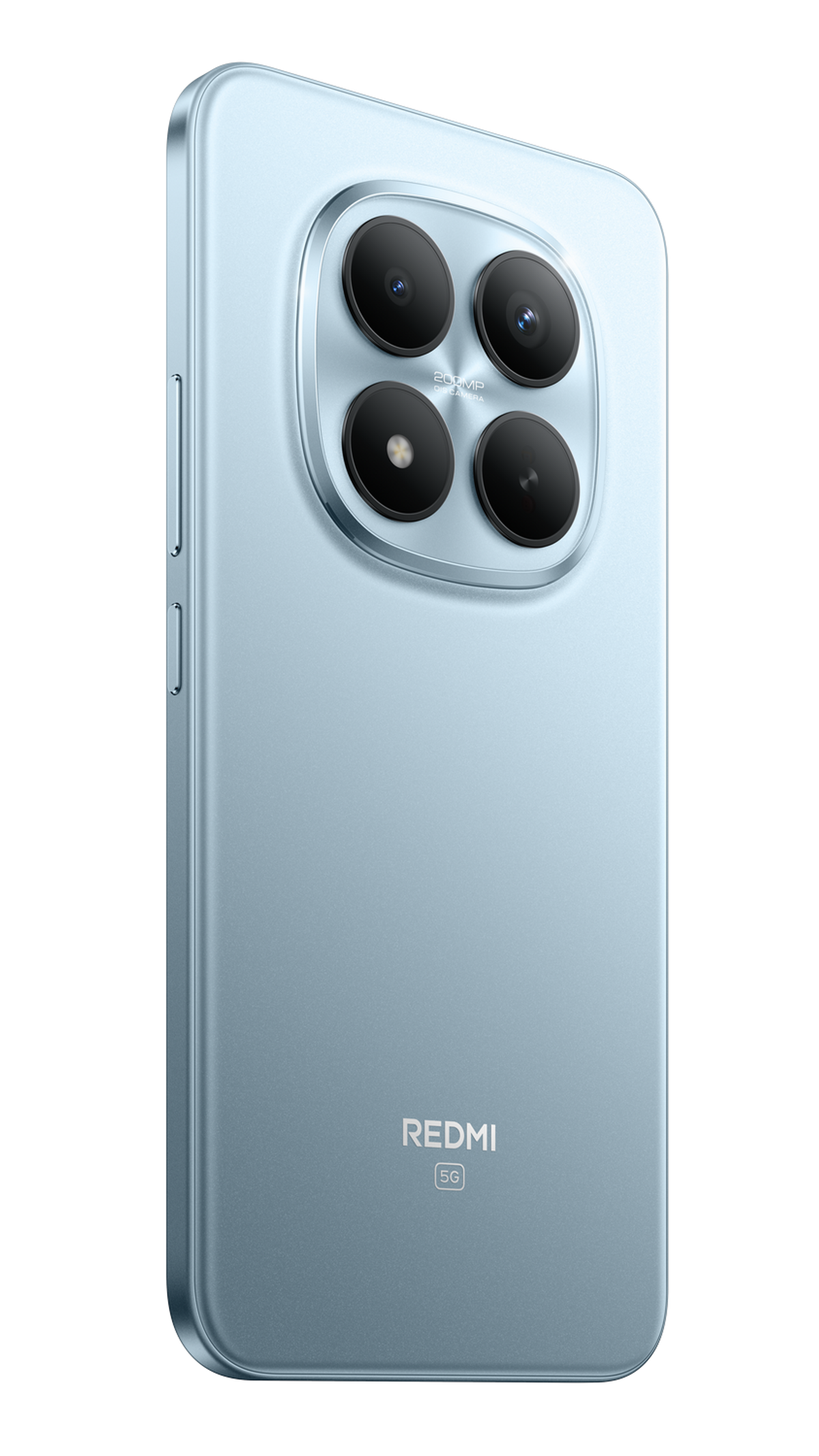 Un telefono Redmi 5G azzurro, angolato. Presenta quattro fotocamere posteriori. Il logo Redmi e il testo 5G sono visibili.