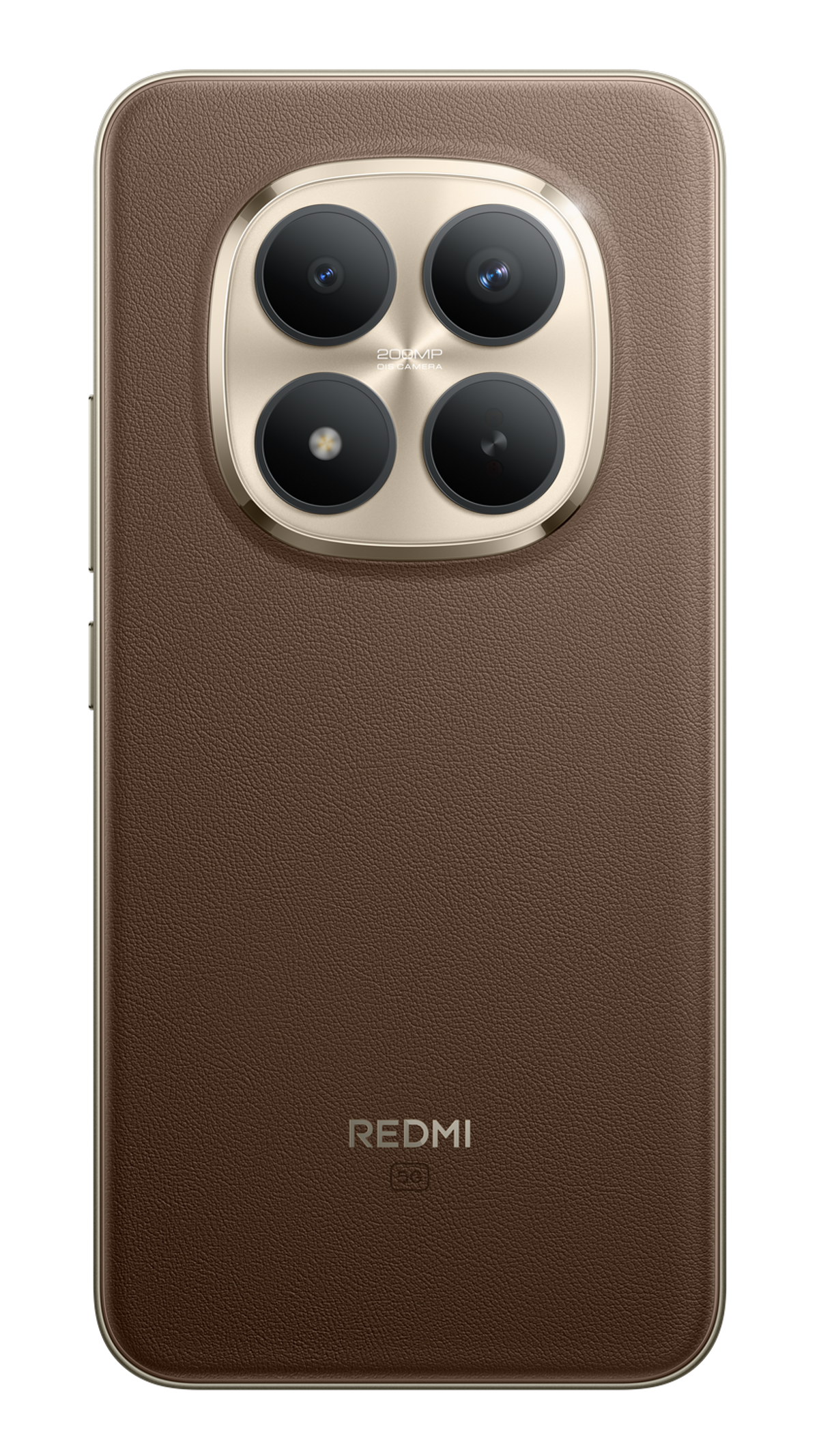 Brązowy tył telefonu o fakturze skóry ze złotym modułem kamery. Widoczne cztery obiektywy, logo Redmi i oznaczenie 5G.