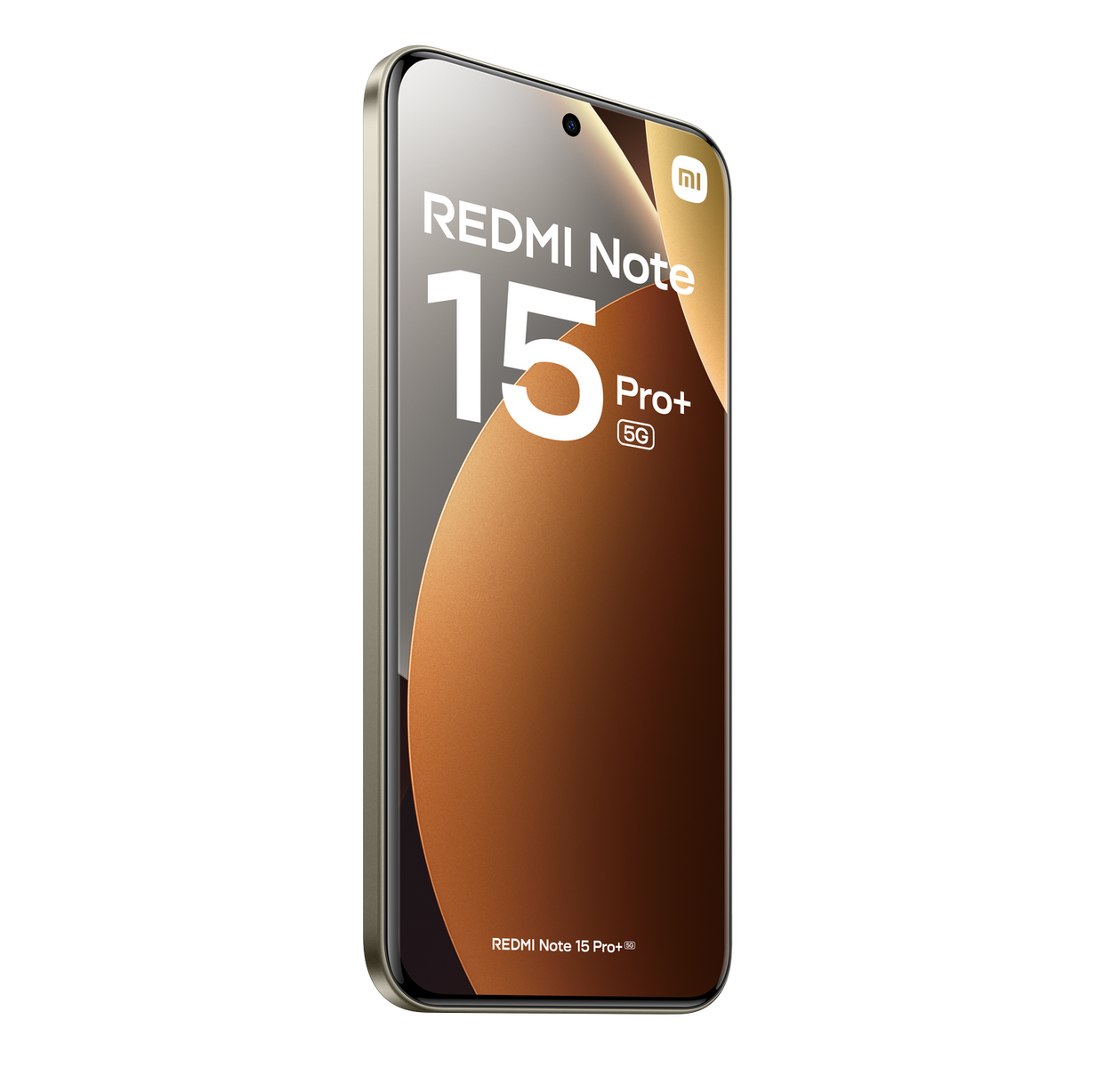 Wyświetlany jest smartfon Redmi Note 15 Pro+ 5G z brązowym gradientowym tłem. Telefon jest lekko przechylony na bok.