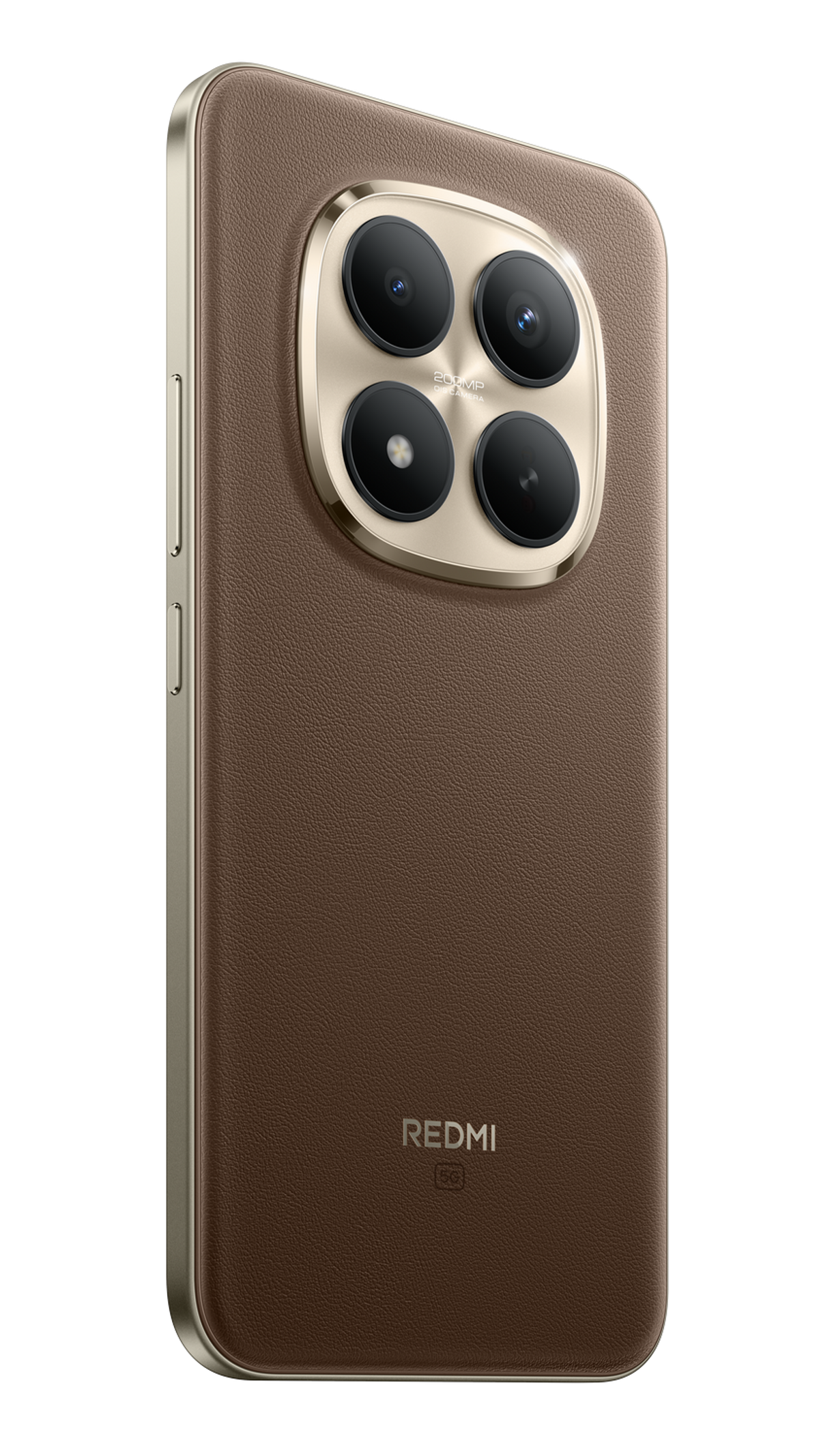 Tył brązowego skórzanego smartfona z czterema aparatami. Telefon ma złotą ramkę i logo Redmi.