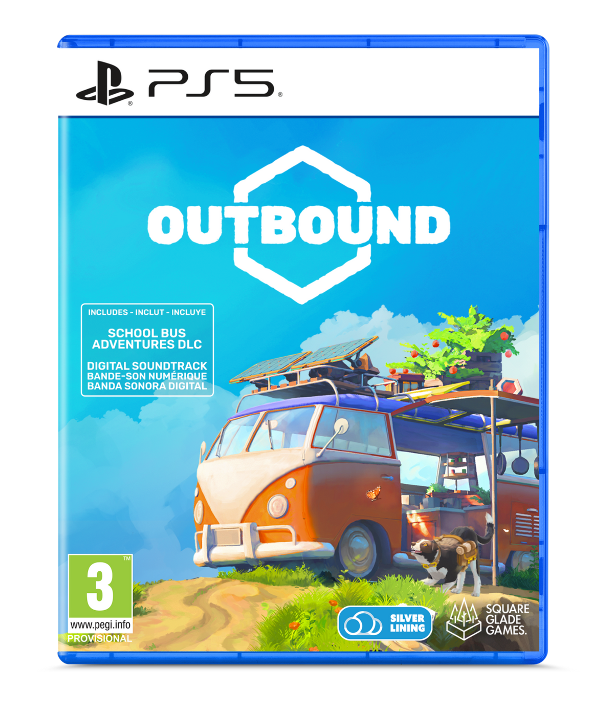 Illustrazione della confezione del gioco Outbound. Un furgone con attrezzatura da campeggio è parcheggiato su una collina. Un cane è davanti.