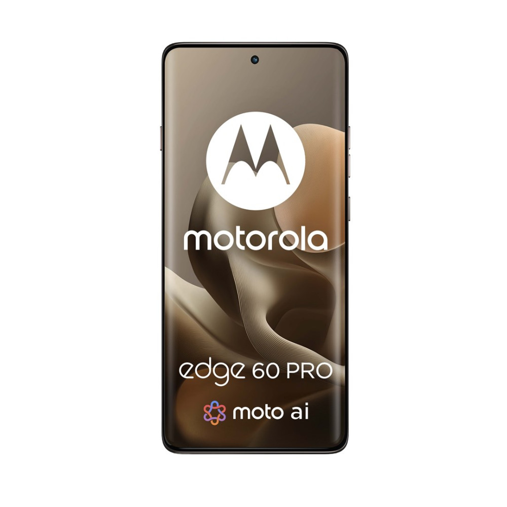 Wyświetlany jest smartfon Motorola Edge 60 Pro. Ekran pokazuje logo Motorola i model telefonu. Tło to wirujący wzór.