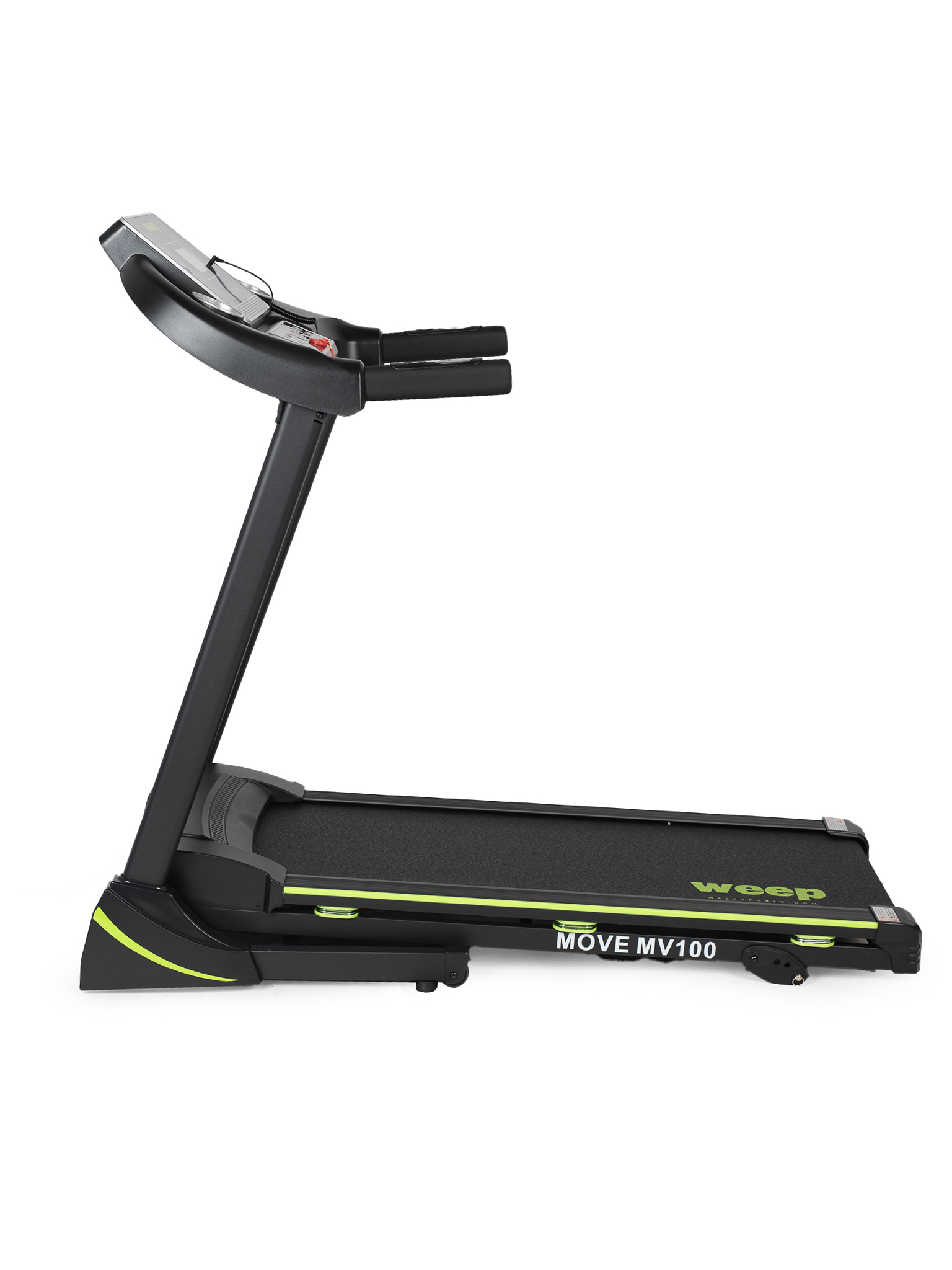 Czarna bieżnia z zielonymi akcentami na białym tle. Ma wyświetlacz i poręcze. Marka to Weep Move MV100.