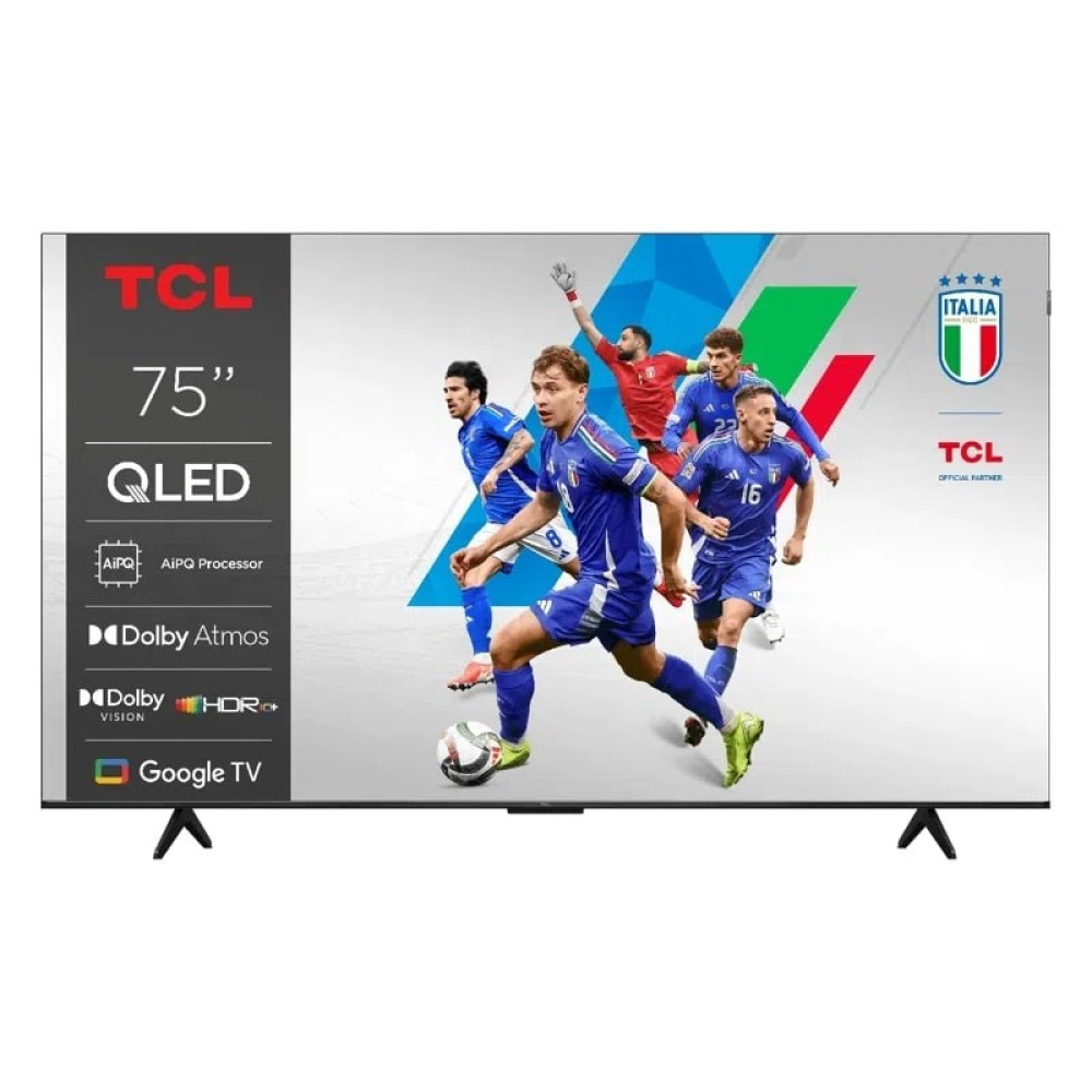 Telewizor TCL QLED 75" z meczem piłki nożnej. Włoscy piłkarze w niebieskich strojach biegną. Logo i funkcje TCL po lewej.