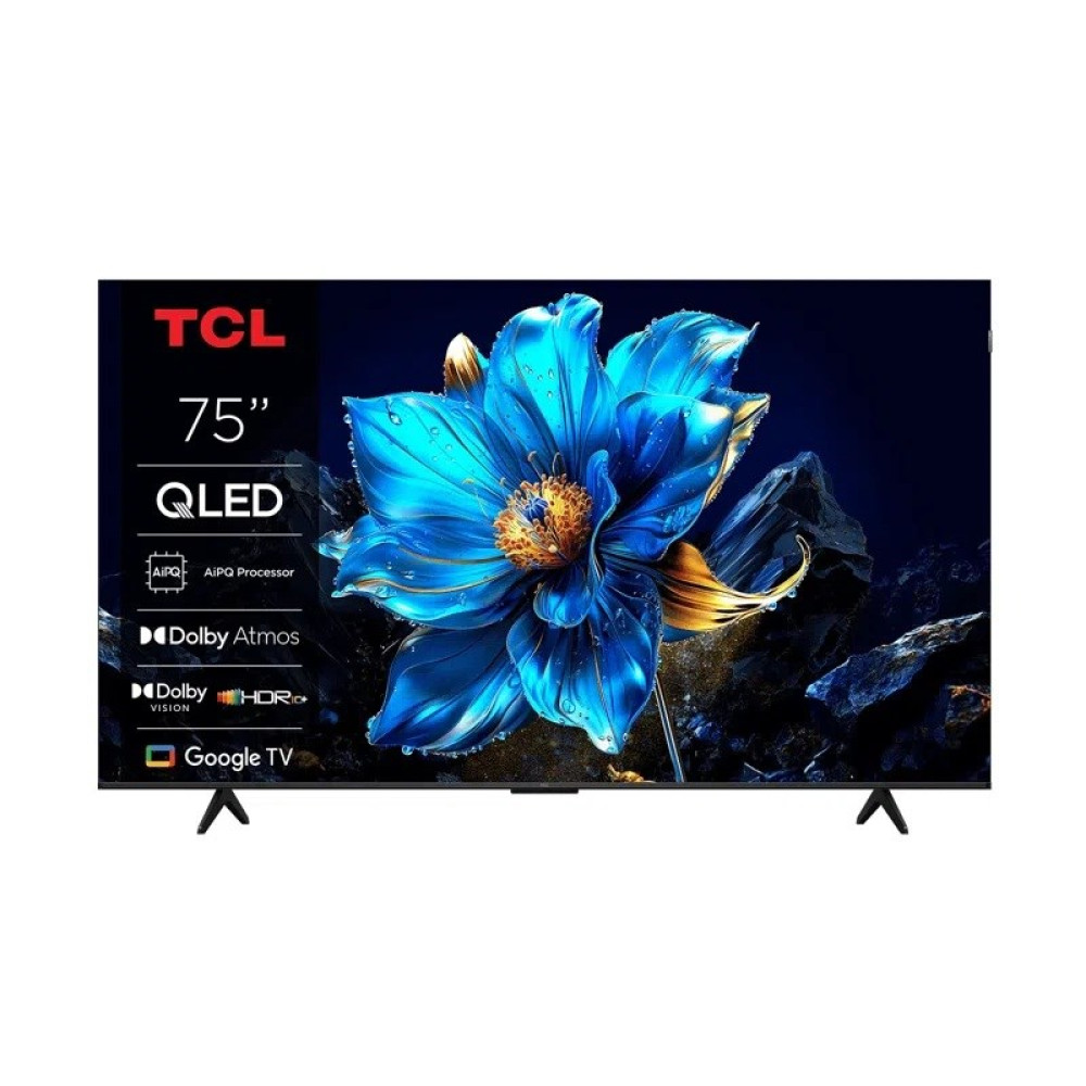 Telewizor TCL QLED 75" wyświetla niebieski kwiat ze złotymi akcentami na ciemnym tle. Funkcje obejmują Dolby Atmos i Google TV.