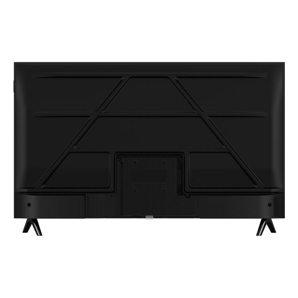 Tył czarnego telewizora. Ma geometryczny wzór i dwie nogi w kształcie litery V. Widoczne są różne porty i otwory wentylacyjne.