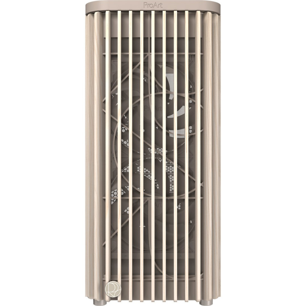 Un case per computer beige e grigio con doghe verticali. Il logo ProArt è in alto. Le pale del ventilatore sono visibili dietro le doghe.