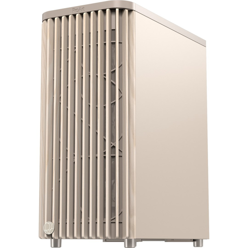 Un case per computer beige con doghe di legno verticali sul davanti. Ha un'etichetta ProArt in alto e un logo in basso a sinistra.