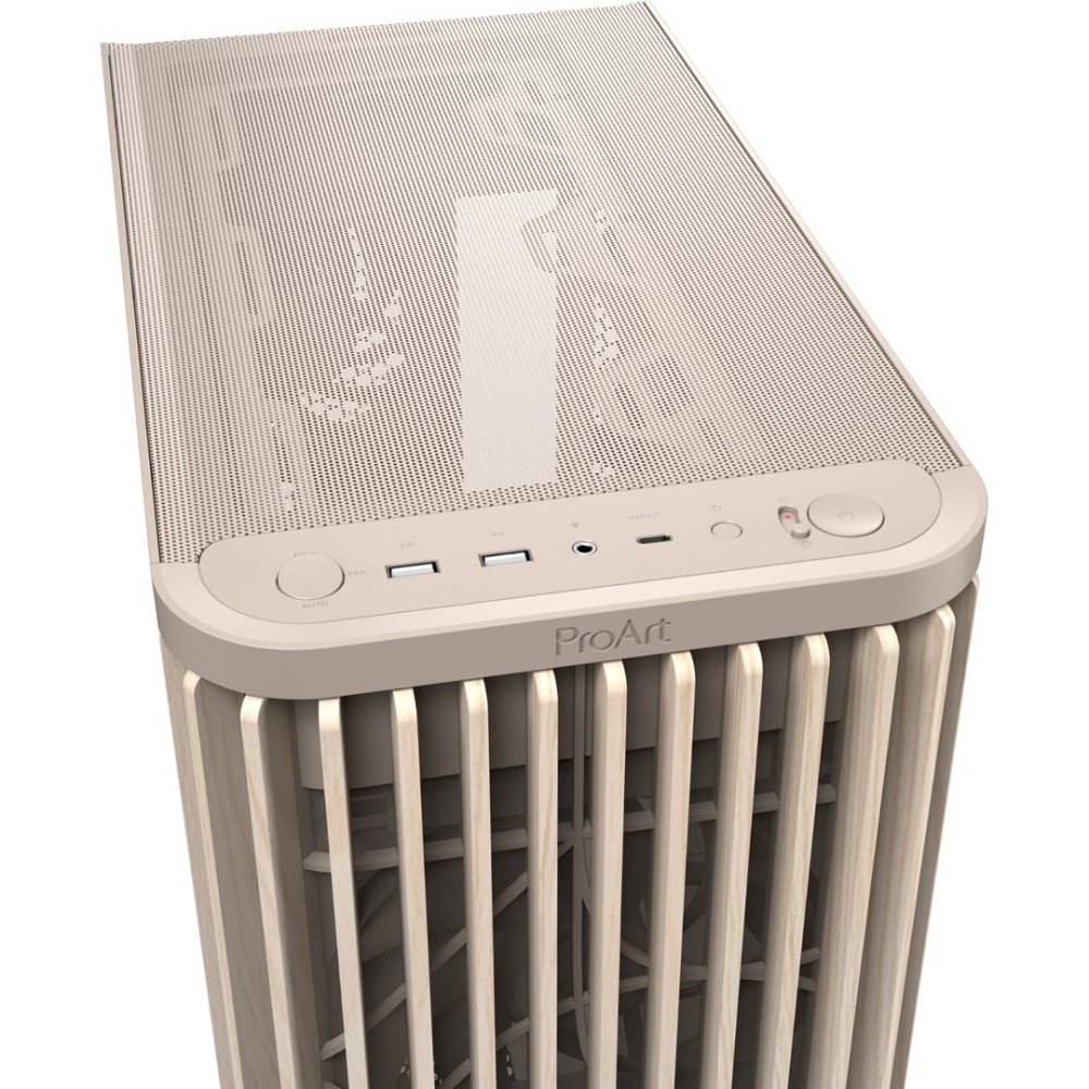 Case beige per computer con doghe in legno sulla parte anteriore. Ha una parte superiore perforata e una fila di porte e pulsanti.