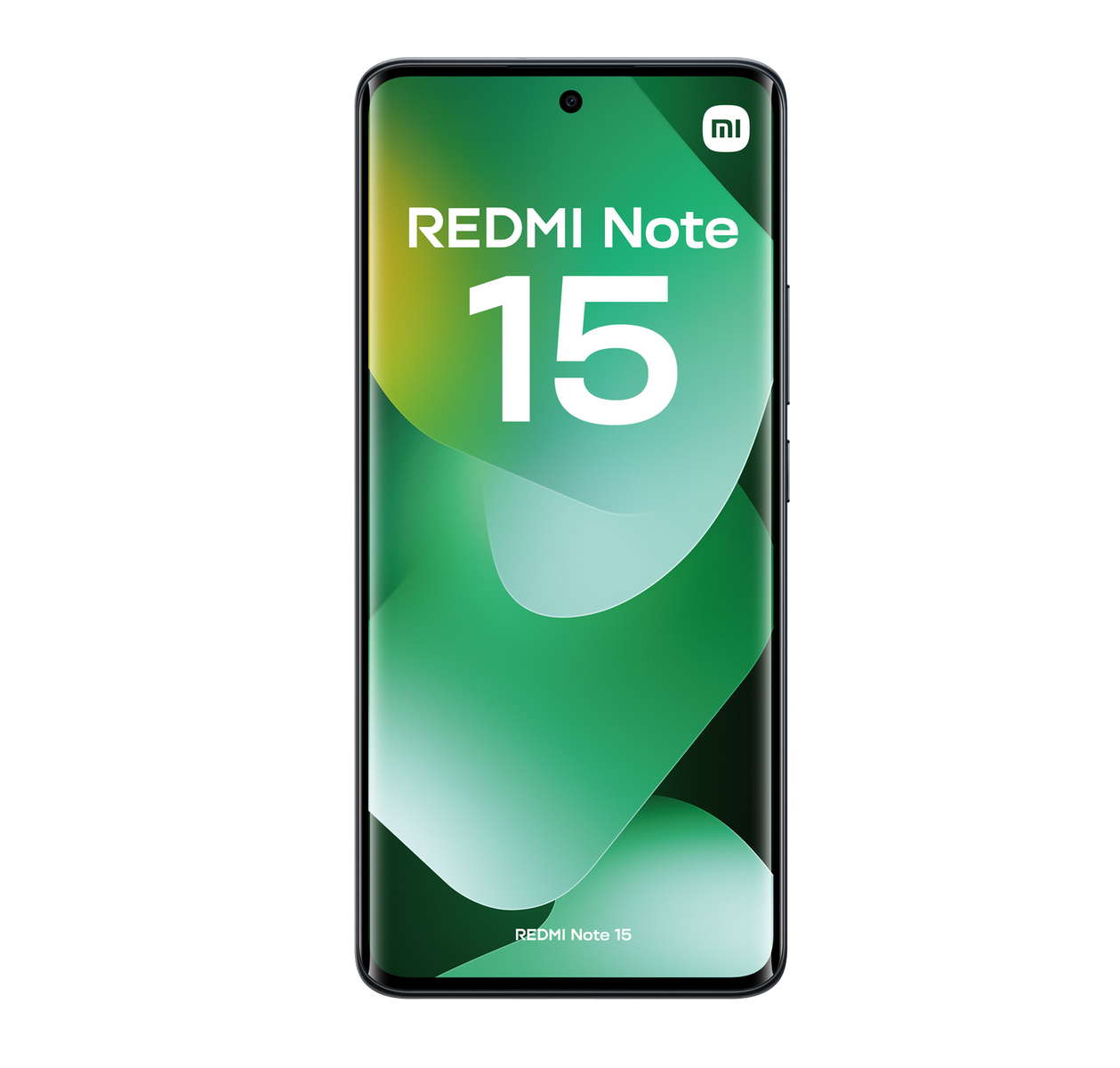 Smartfon z zielonym ekranem z napisem "REDMI Note 15" oraz numerem 15 w kolorze białym. Tło jest zielone.