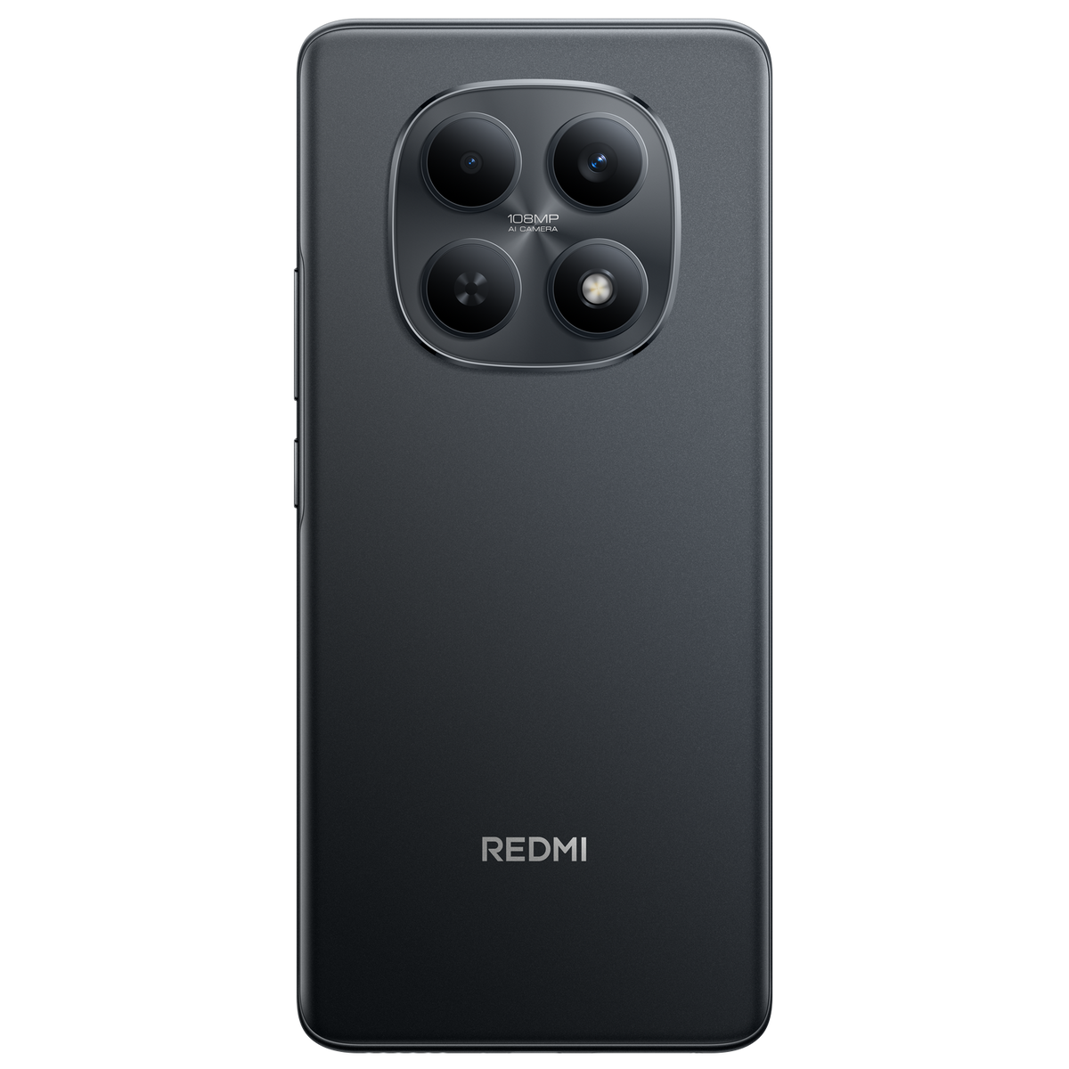 Ciemnoszary tył smartfona. Okrągły moduł kamery z czterema obiektywami. Słowo REDMI jest wydrukowane na dole.