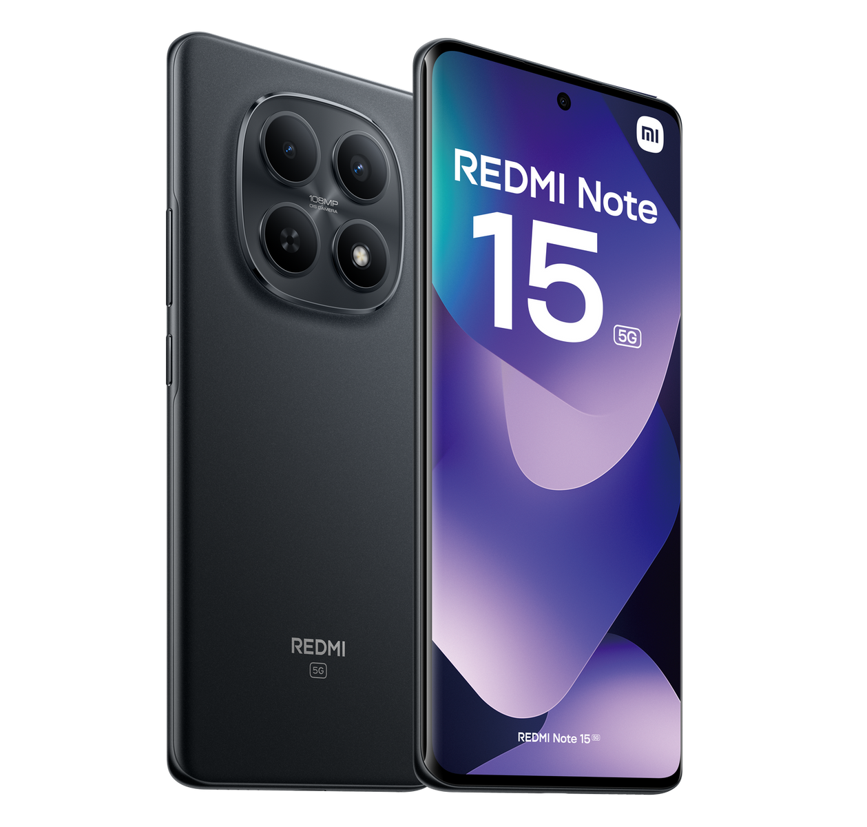 Dwa czarne telefony Redmi Note 15. Jeden pokazuje ekran z napisem 'Redmi Note 15'. Drugi pokazuje aparat i logo Redmi.