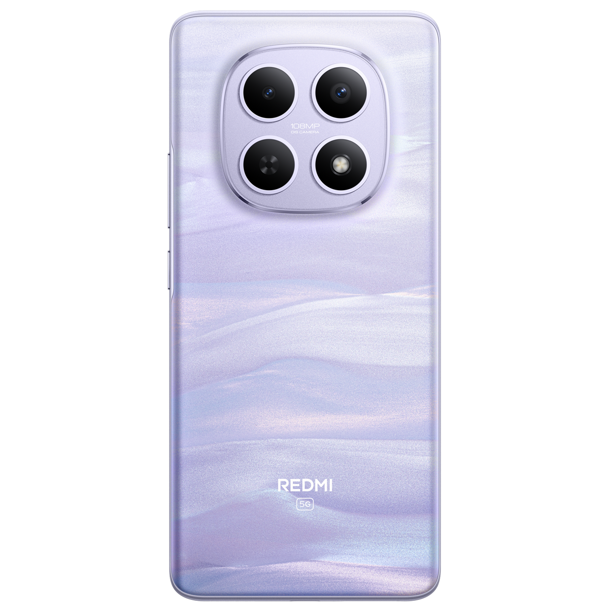 Telefon Redmi 5G na czarnym tle. Ma cztery aparaty, jasnofioletowy tył i logo Redmi.