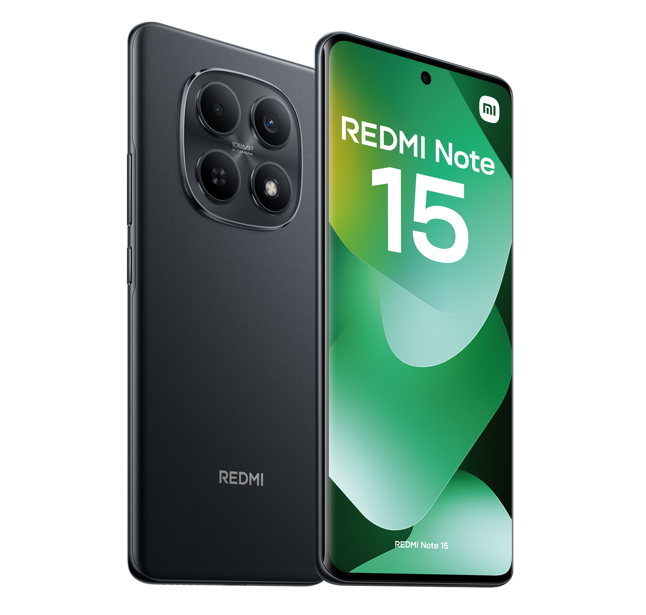 Wyświetlany jest ciemnoszary smartfon Redmi Note 15. Ekran pokazuje logo Redmi i zieloną grafikę. Telefon ma potrójny aparat.