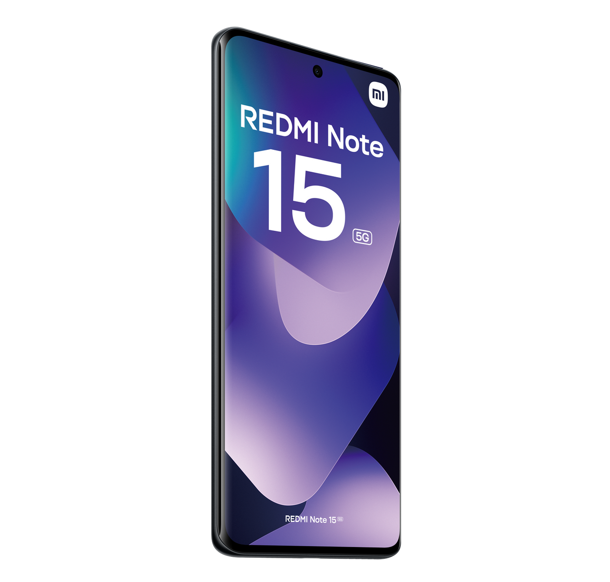 Smartfon Redmi Note 15 5G na czarnym tle. Ekran wyświetla nazwę telefonu i gradientowy fioletowy design.