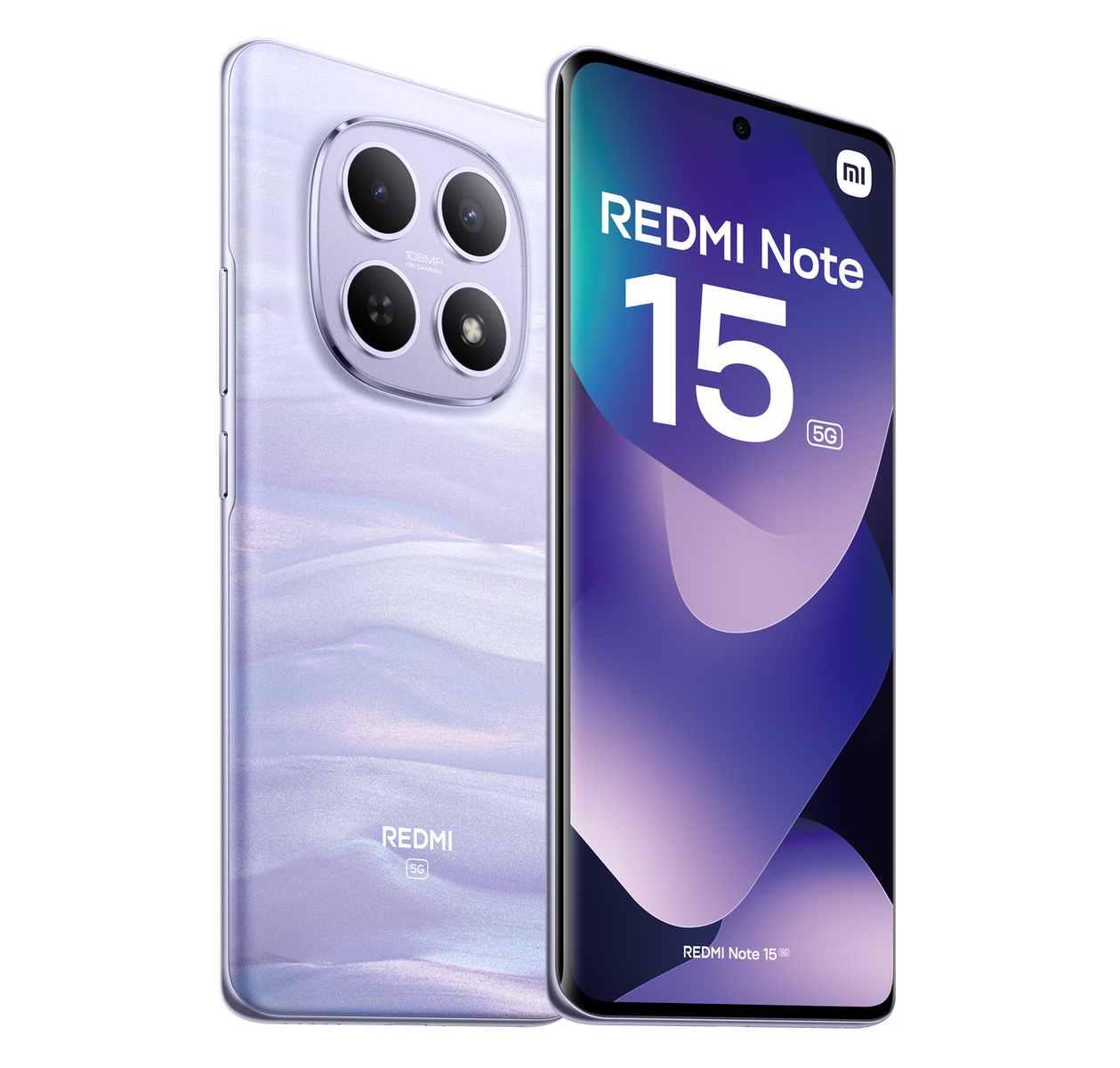 Smartfon Redmi Note 15 5G w kolorze fioletowym, z poczwórnym aparatem i wyświetlaczem prezentującym nazwę i funkcje telefonu.