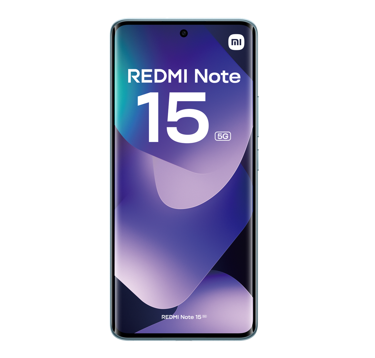 Smartfon z wyświetlaczem "REDMI Note 15 5G". Telefon jest jasnoniebieski na czarnym tle.