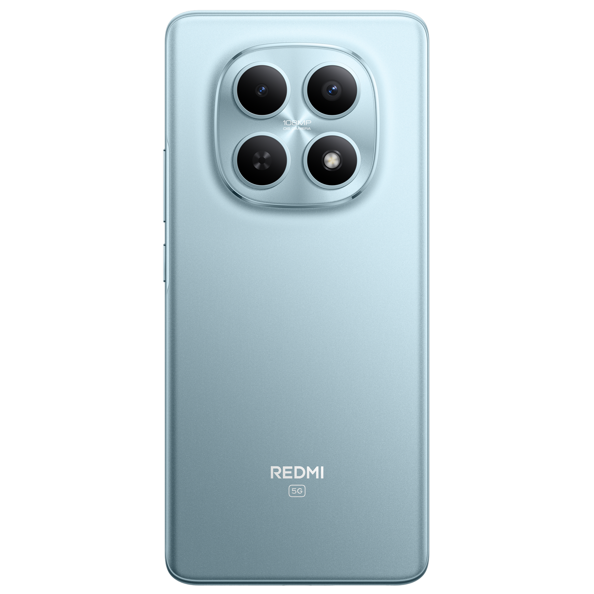 Tył jasnoniebieskiego smartfona Redmi. Ma cztery aparaty i logo Redmi z 5G. Telefon znajduje się na czarnym tle.