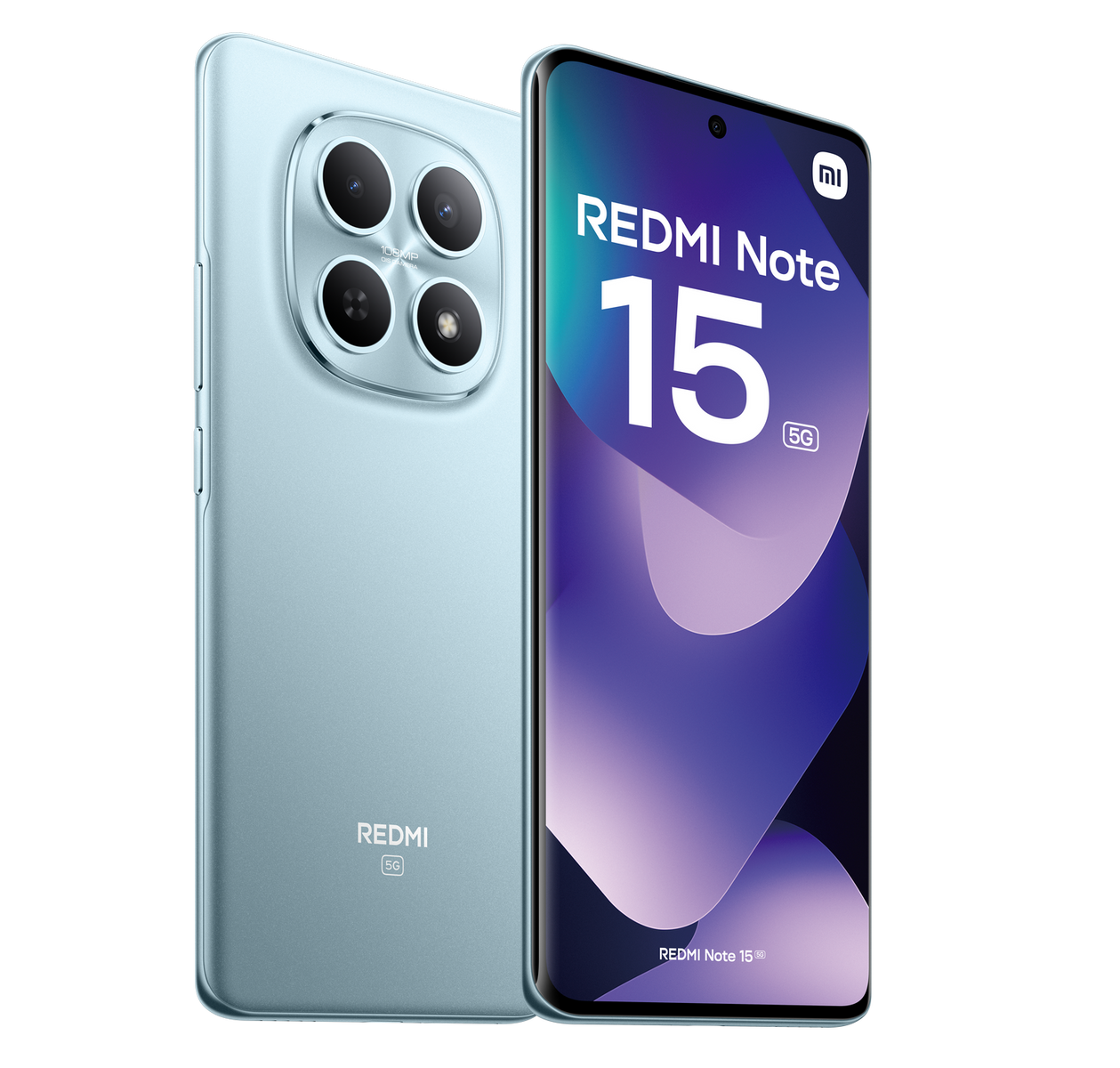 Smartfon Redmi Note 15 5G w kolorze jasnoniebieskim. Tył pokazuje układ aparatu. Ekran wyświetla logo Redmi Note 15.