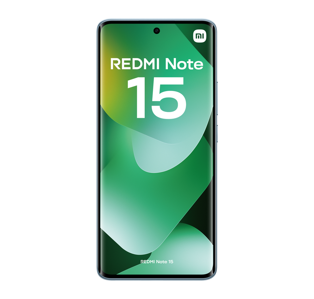 Smartfon z zielono-białym wyświetlaczem. Ekran pokazuje 'Redmi Note 15'. Tło jest czarne.