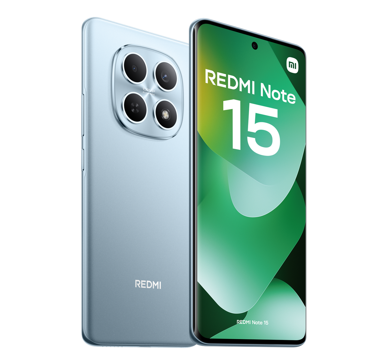 Dwa niebieskie telefony Redmi Note 15. Jeden pokazuje ekran z tekstem. Drugi ma cztery obiektywy aparatu. Oba na czarnym tle.