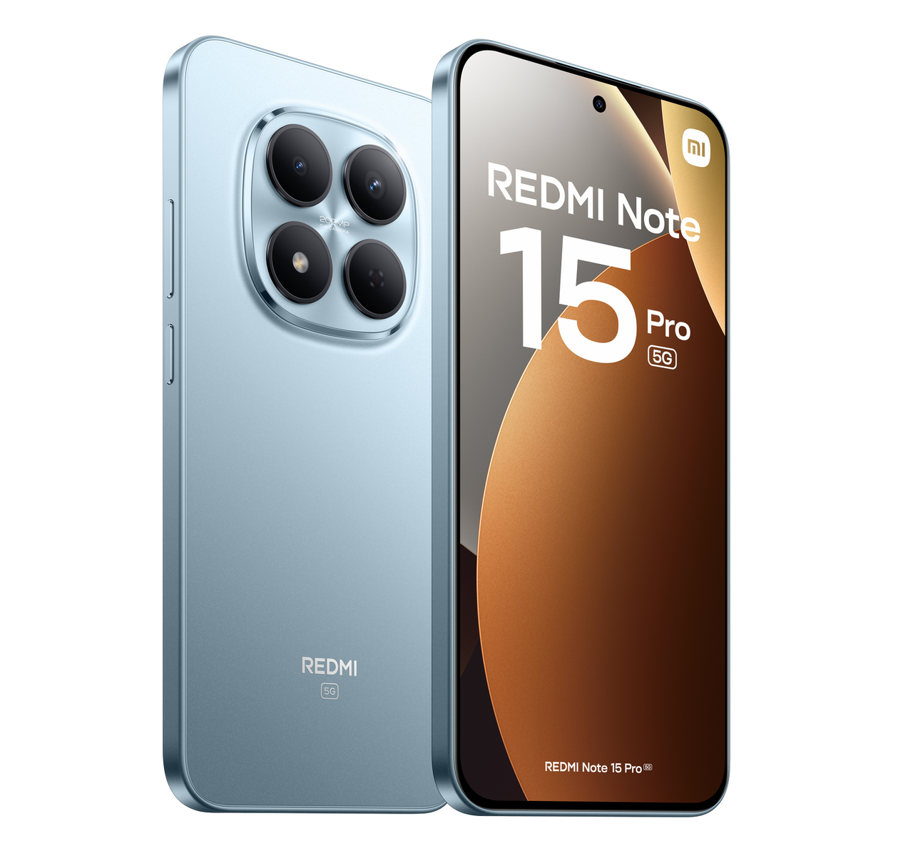 Telefon Redmi Note 15 Pro 5G w kolorze jasnoniebieskim. Posiada poczwórny aparat i wyświetlacz z nazwą telefonu.